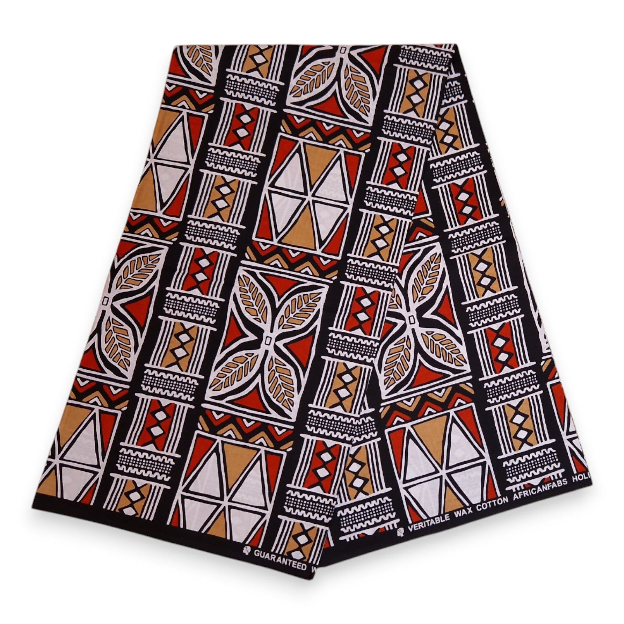 6 Yards – Afrikanischer Stoff mit rot-beigen Bogolan-Symbolen – 100 % Baumwolle