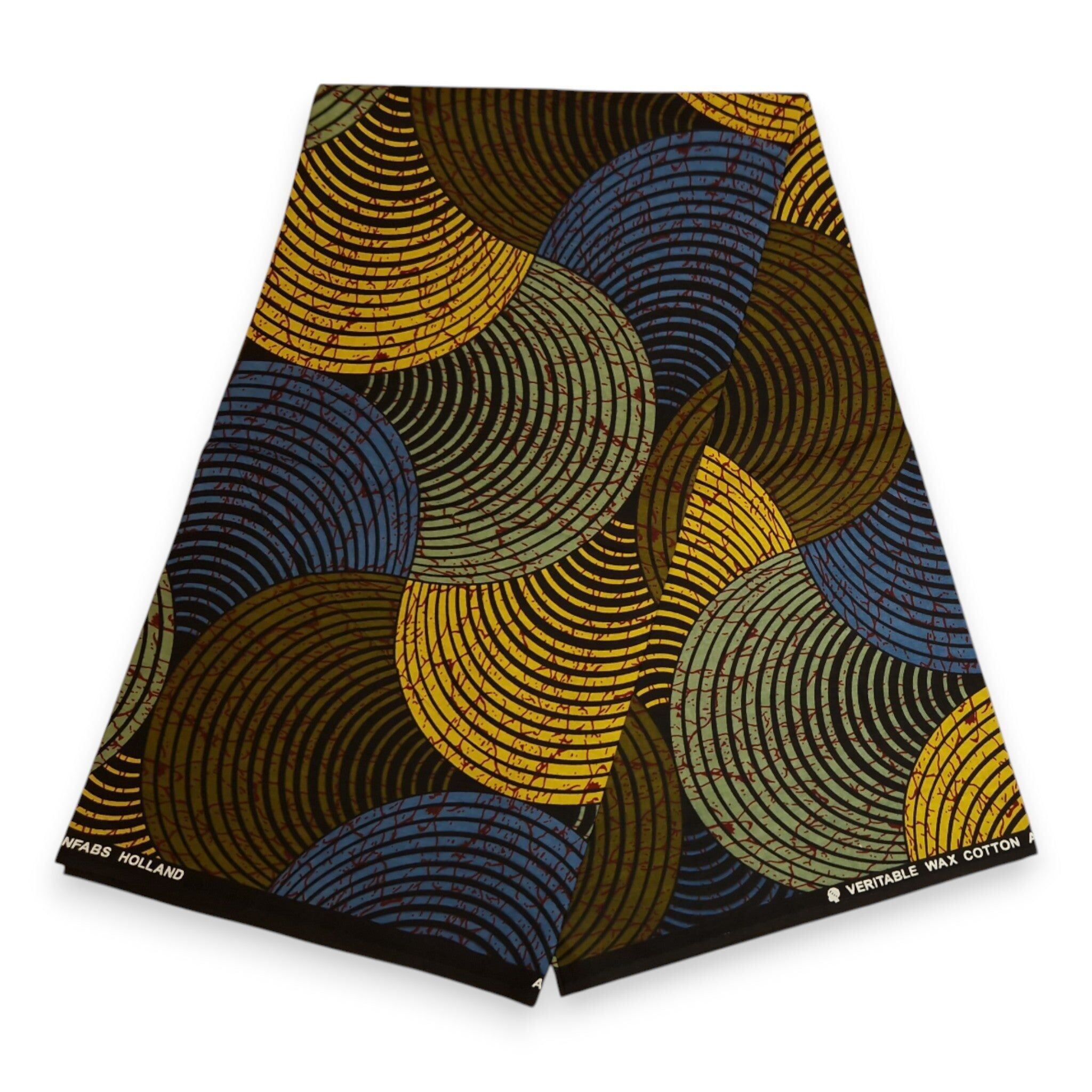 6 Yards – Afrikanischer Stoff mit konzentrischem Kreismuster in Grün, Blau und Gelb – 100 % Baumwolle