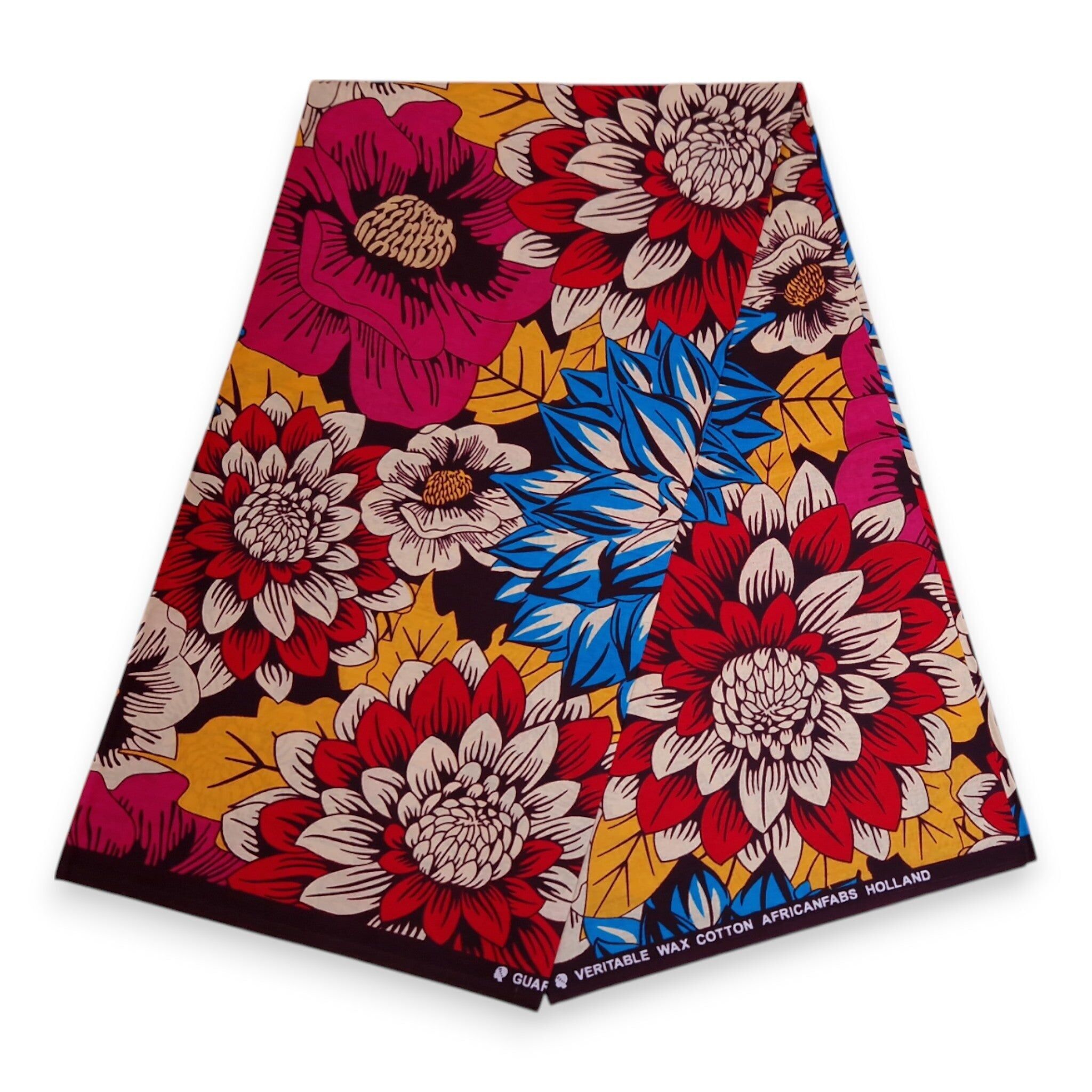 6 Yards – Afrikanischer Stoff mit roten und blauen Blumen – 100 % Baumwolle