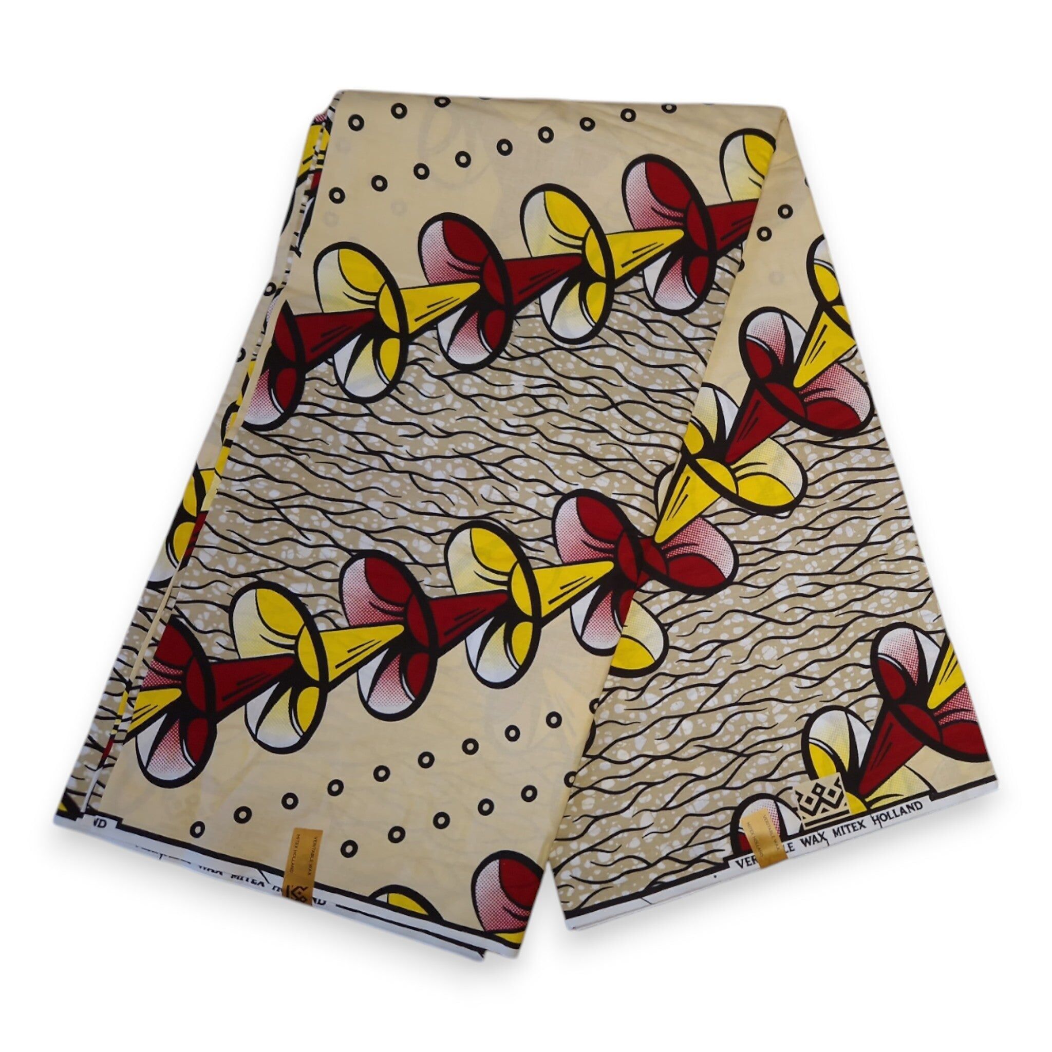 6 Yards - Afrikanischer Wachsdruckstoff - Beige Trompetenblumen