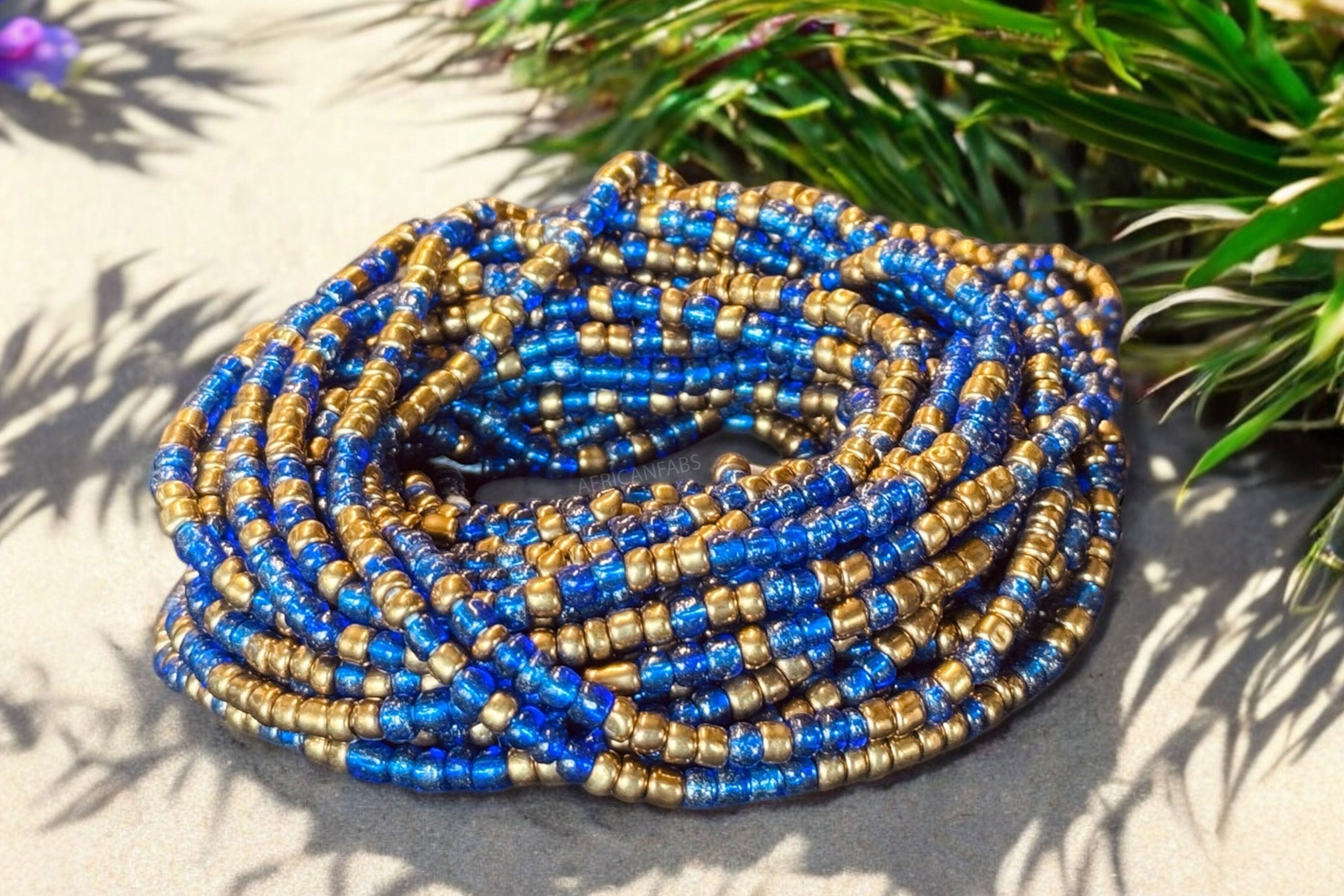 Hüftketten / Afrikanische Hüftkette - Keke - Blau/Gold-Mix (Traditionelle, nicht elastische Schnur)