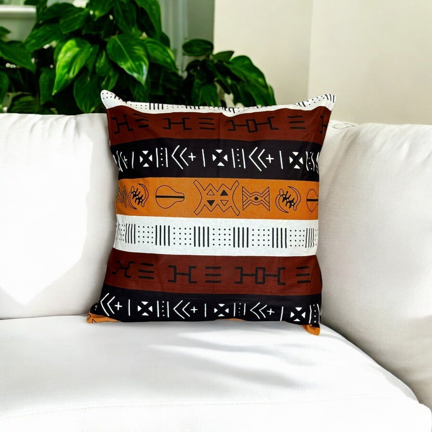 Housse de coussin africaine | Motifs Bogolan marron foncé - Coussin décoratif 45 x 45 cm - 100 % coton