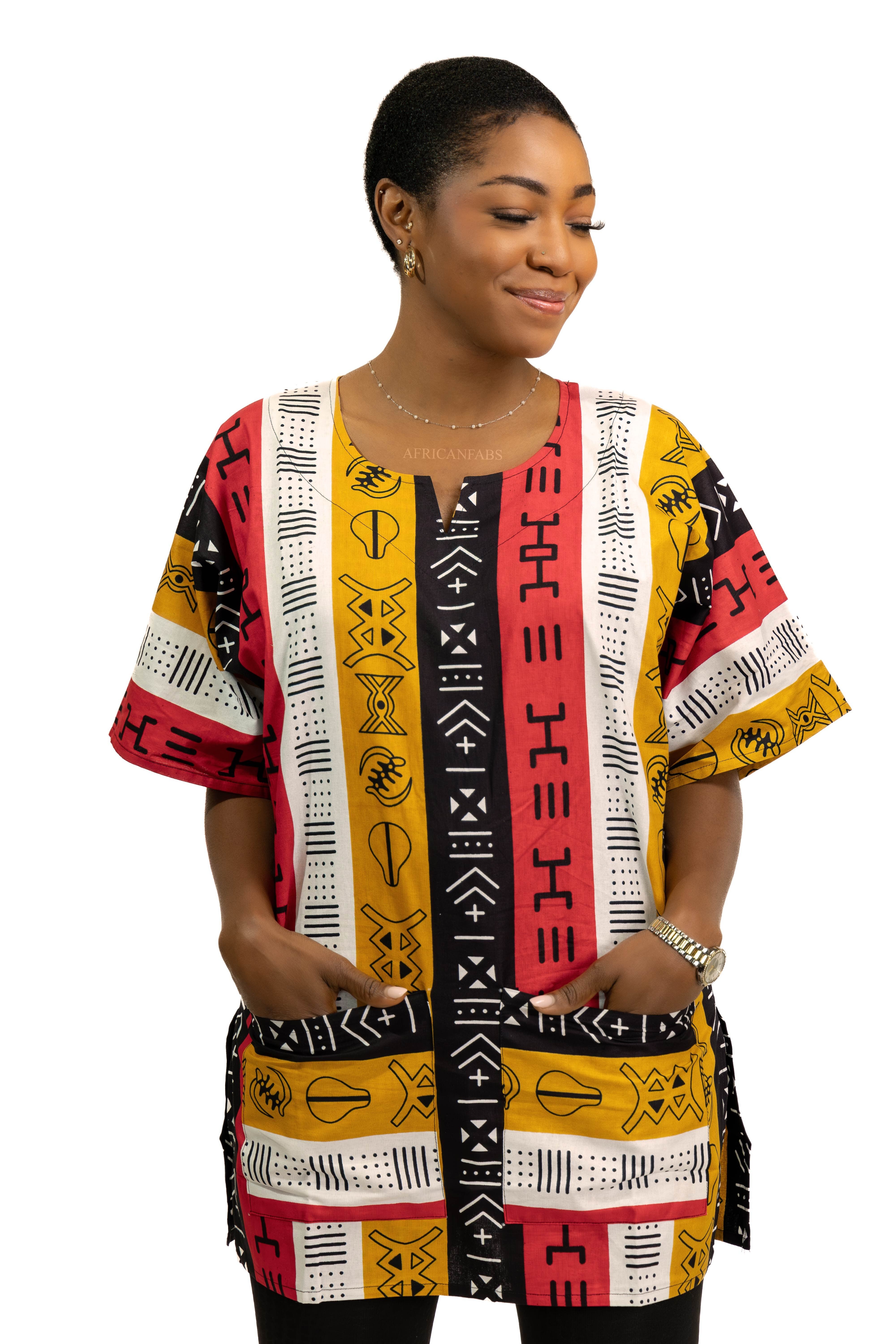 Rotes Bogolan Symbols Dashiki Shirt / Dashiki Kleid - Oberteil mit afrikanischem Print