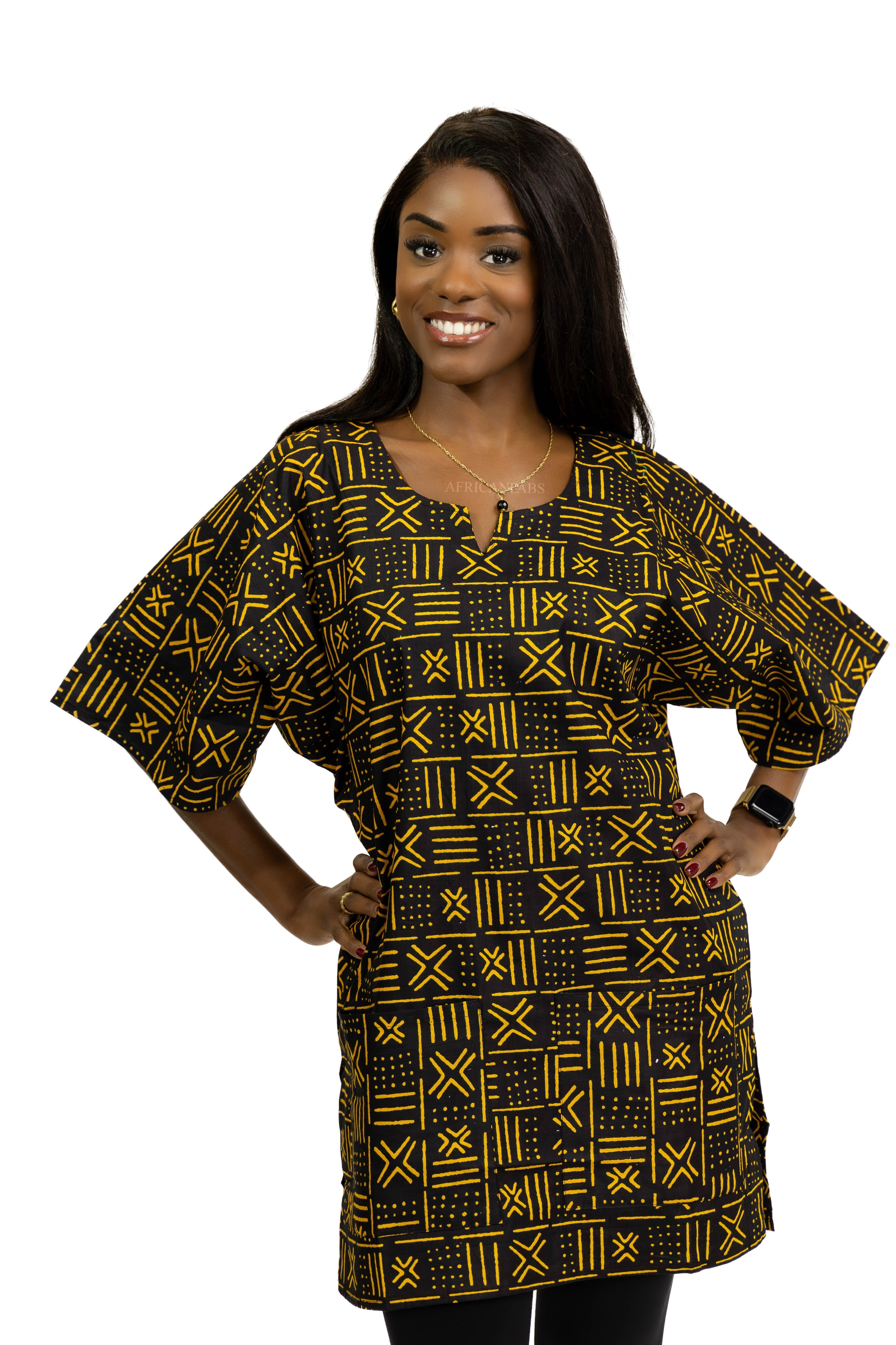 Schwarzes/Gelbes X Bogolan Dashiki-Hemd / Dashiki-Kleid – Oberteil mit afrikanischem Muster