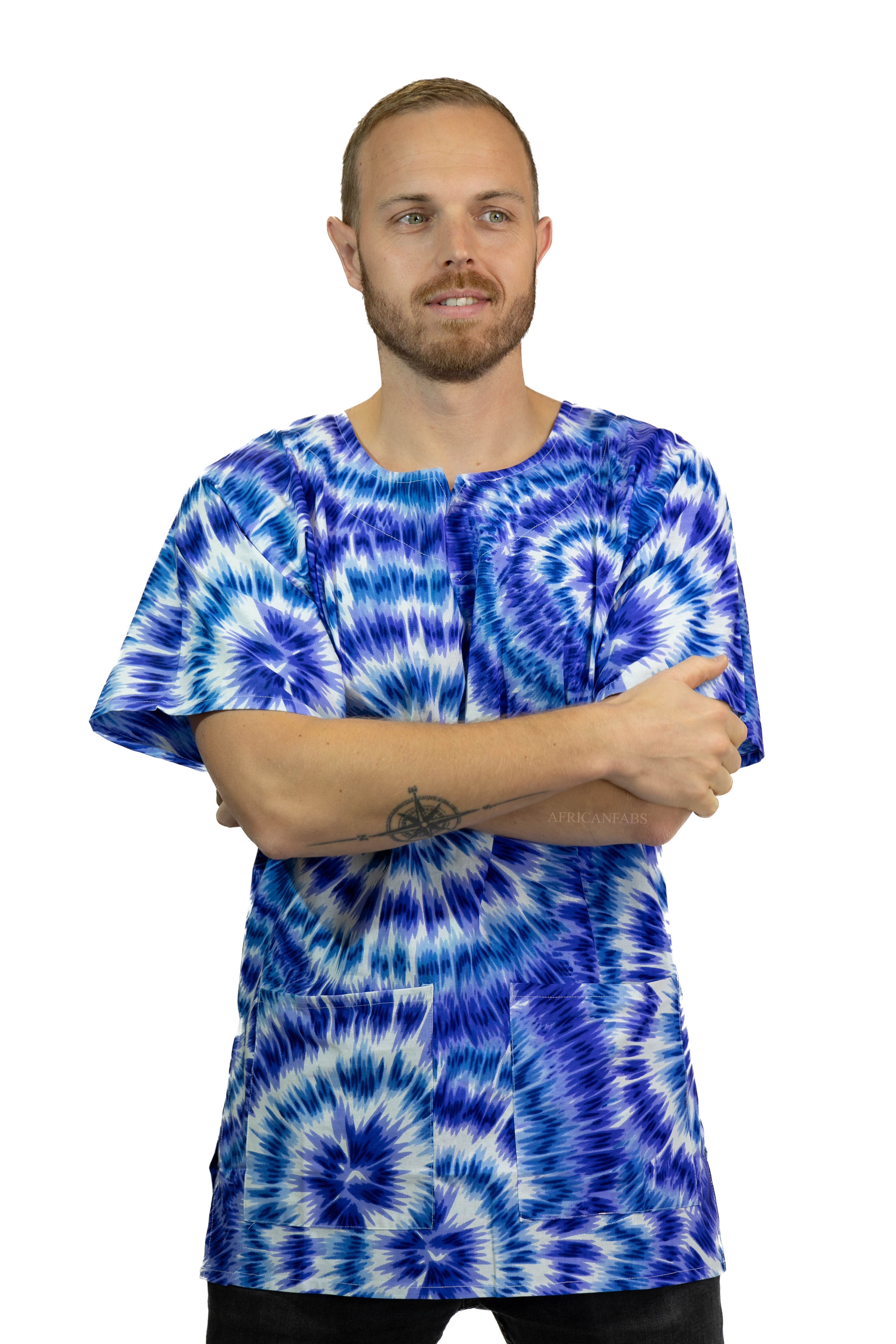 Blaues Tie-Dye-Dashiki-Hemd / Dashiki-Kleid – Oberteil mit afrikanischem Print
