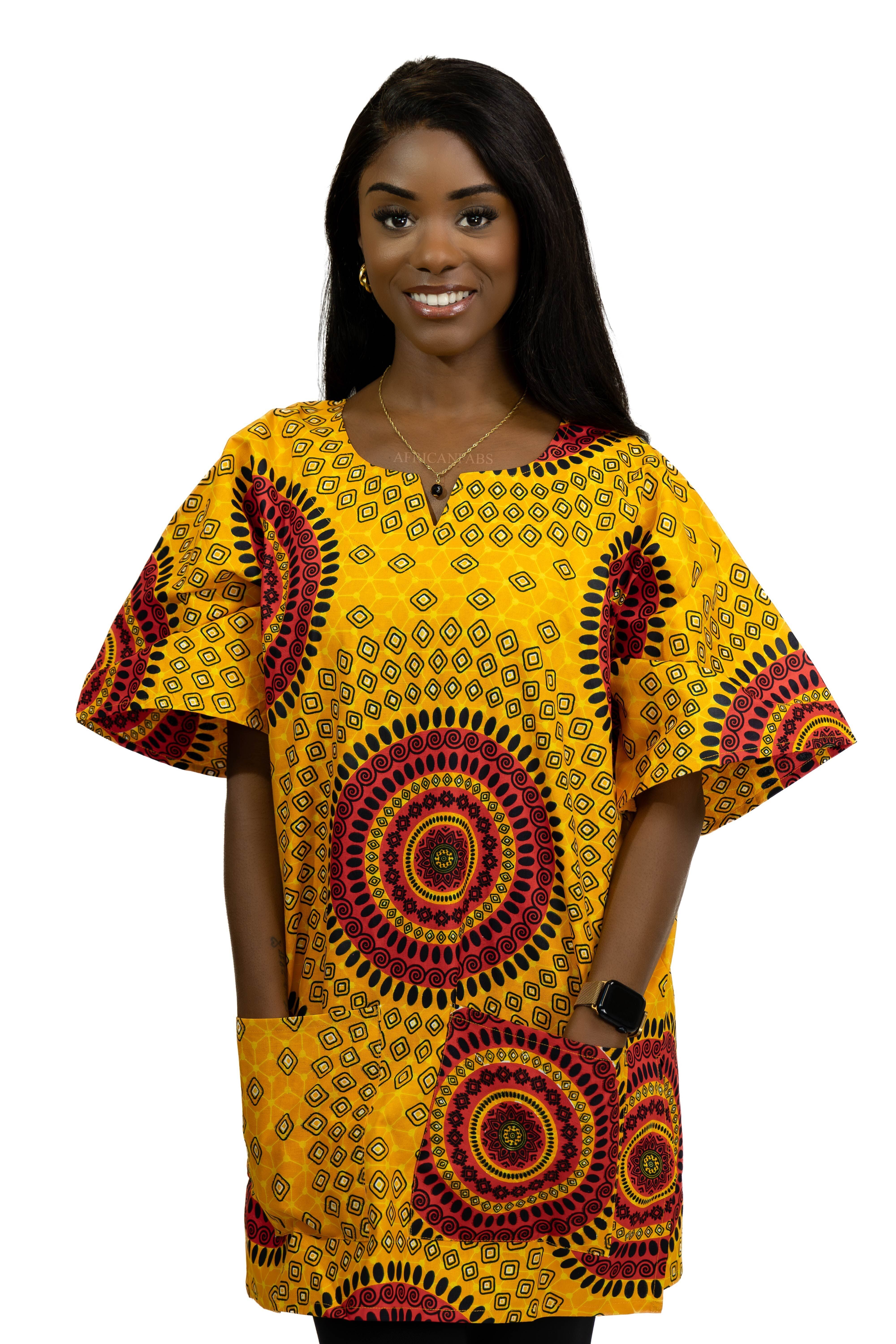 Dashiki-Hemd / Dashiki-Kleid mit orangefarbenem Punktmuster – Oberteil im afrikanischen Stil