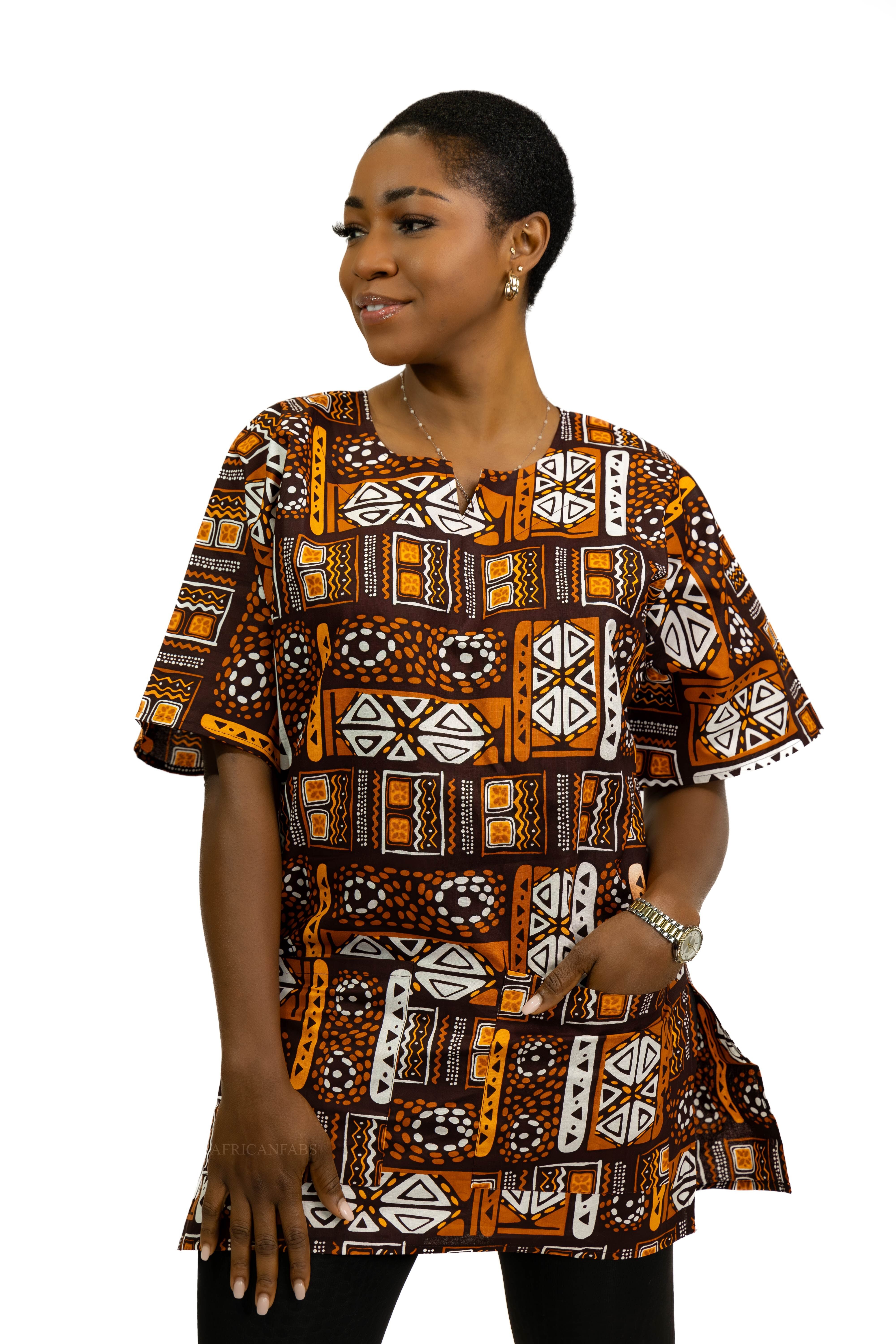 Chemise Bogolan Dashiki à motifs marron / Robe Dashiki - Haut imprimé africain