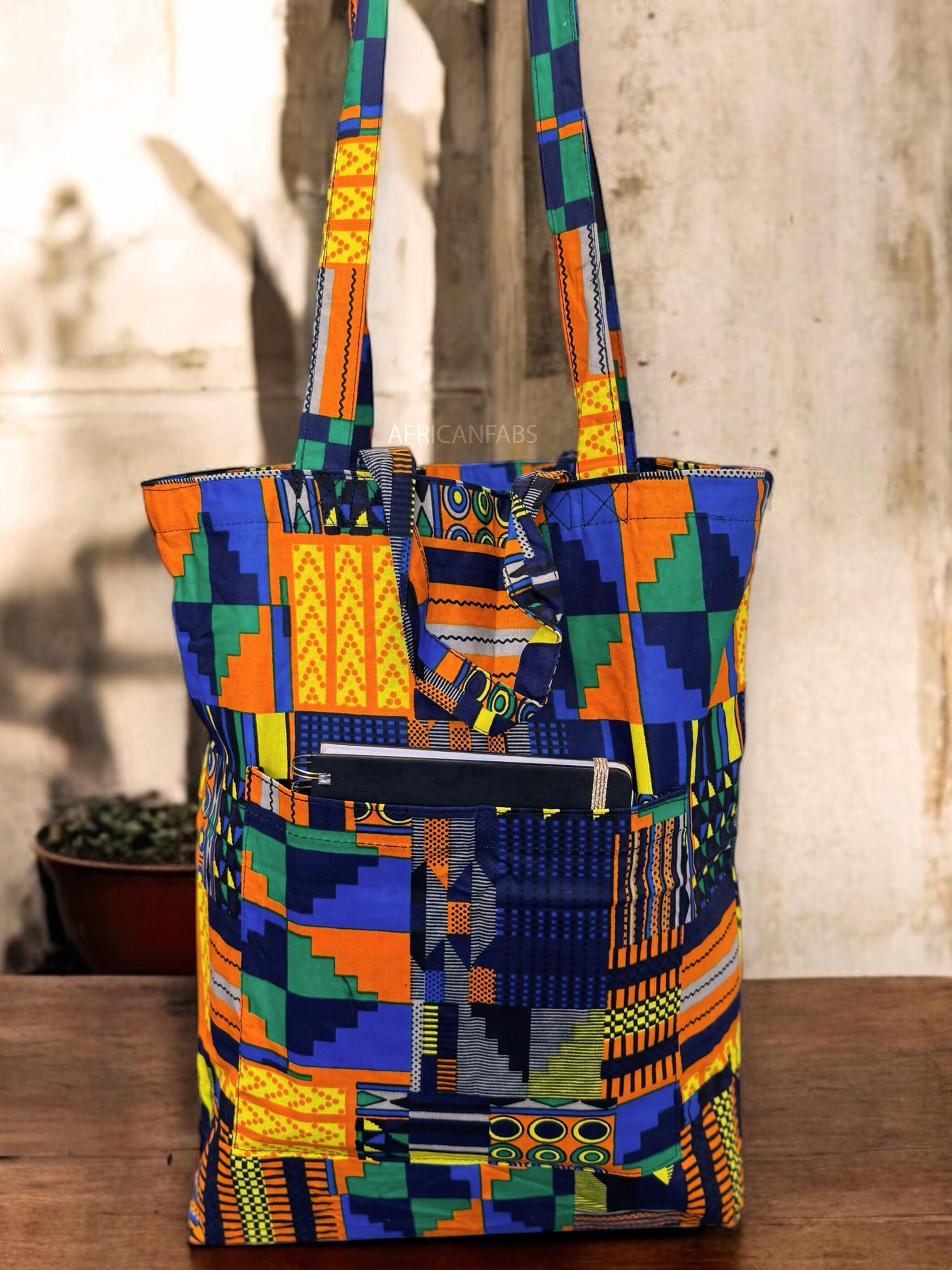 Einkaufstasche mit afrikanischem Muster – Blau-Orange Kente – Wiederverwendbare Baumwolltasche