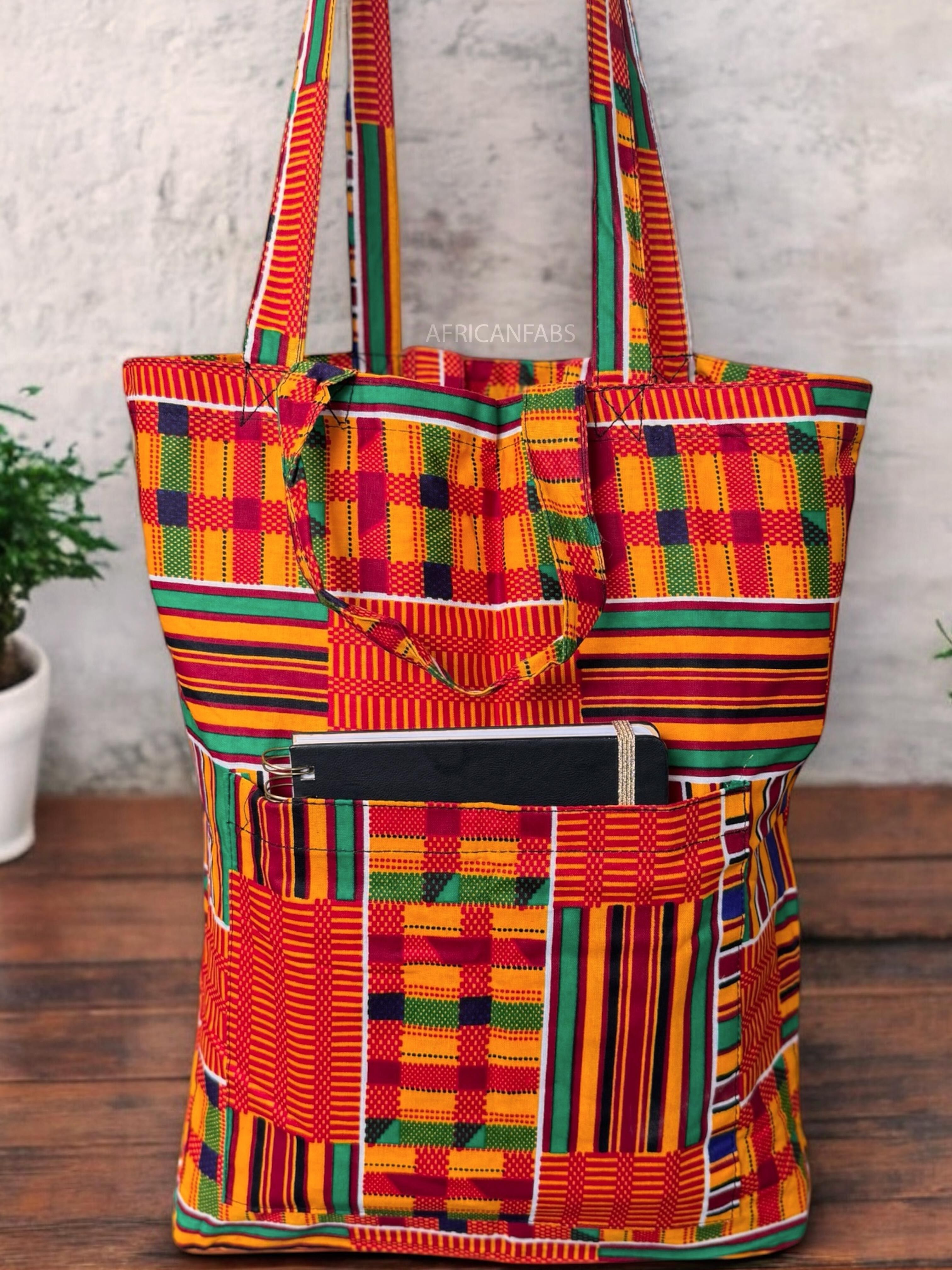 Einkaufstasche mit afrikanischem Muster – Orange-Grüner Kente – Wiederverwendbare Baumwolltasche