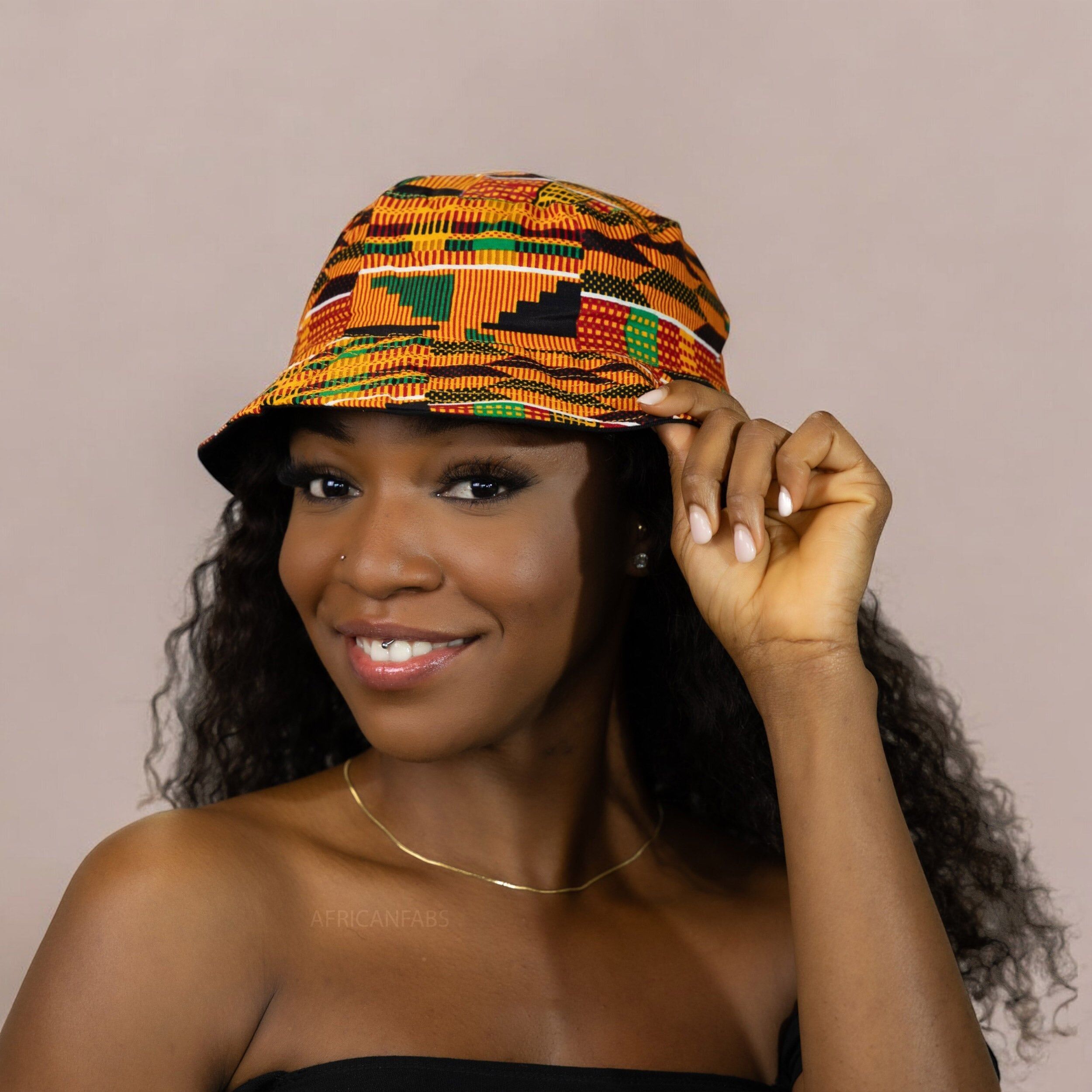 Fischerhut / Bucket Hat mit afrikanischem Muster - Kente Orange / Grün - Kinder- und Erwachsenengrößen (Unisex)