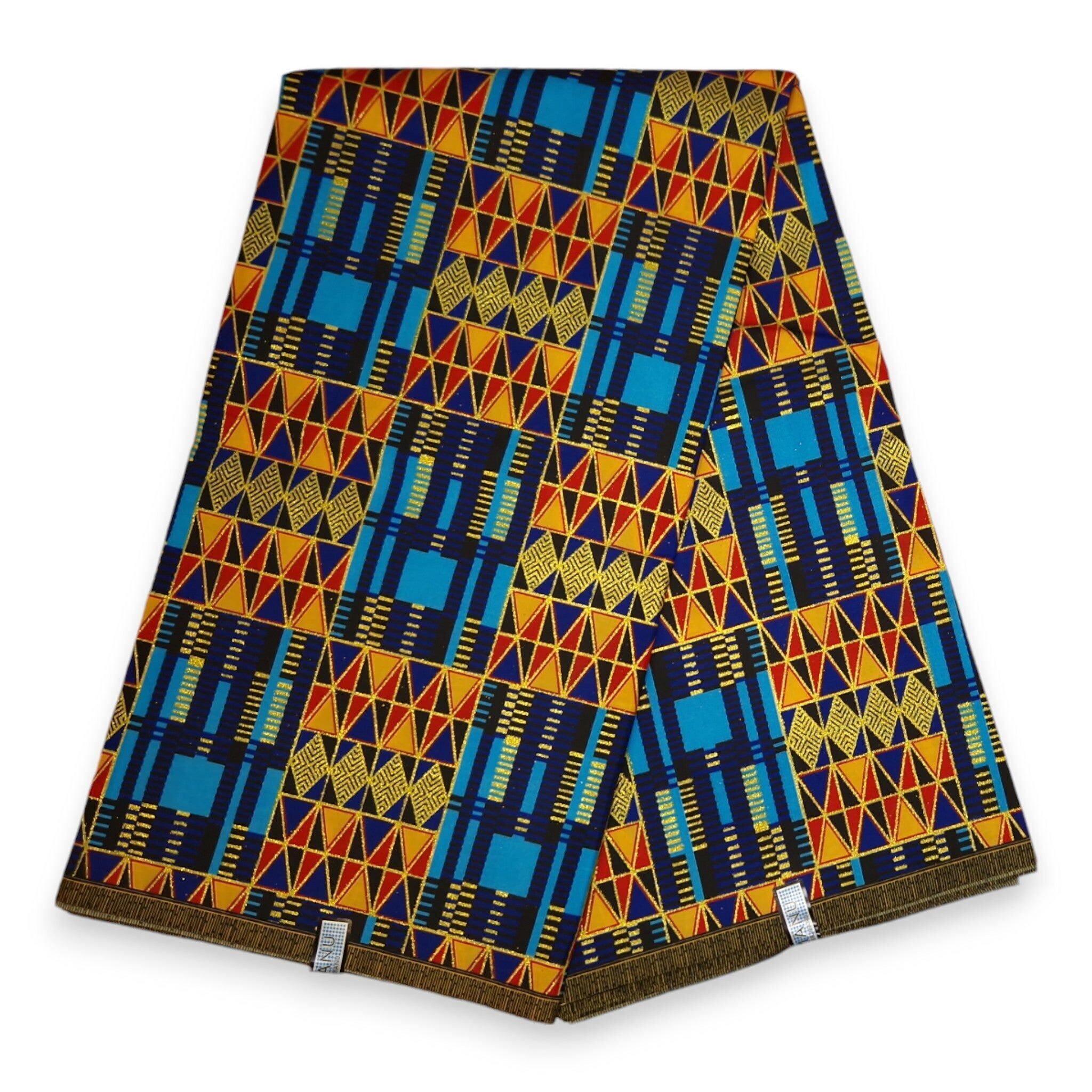 6 Yards – Afrikanischer Druckstoff – Exklusive Glitzerverzierungen – Polyester – PO-5011 Goldblauer Kente