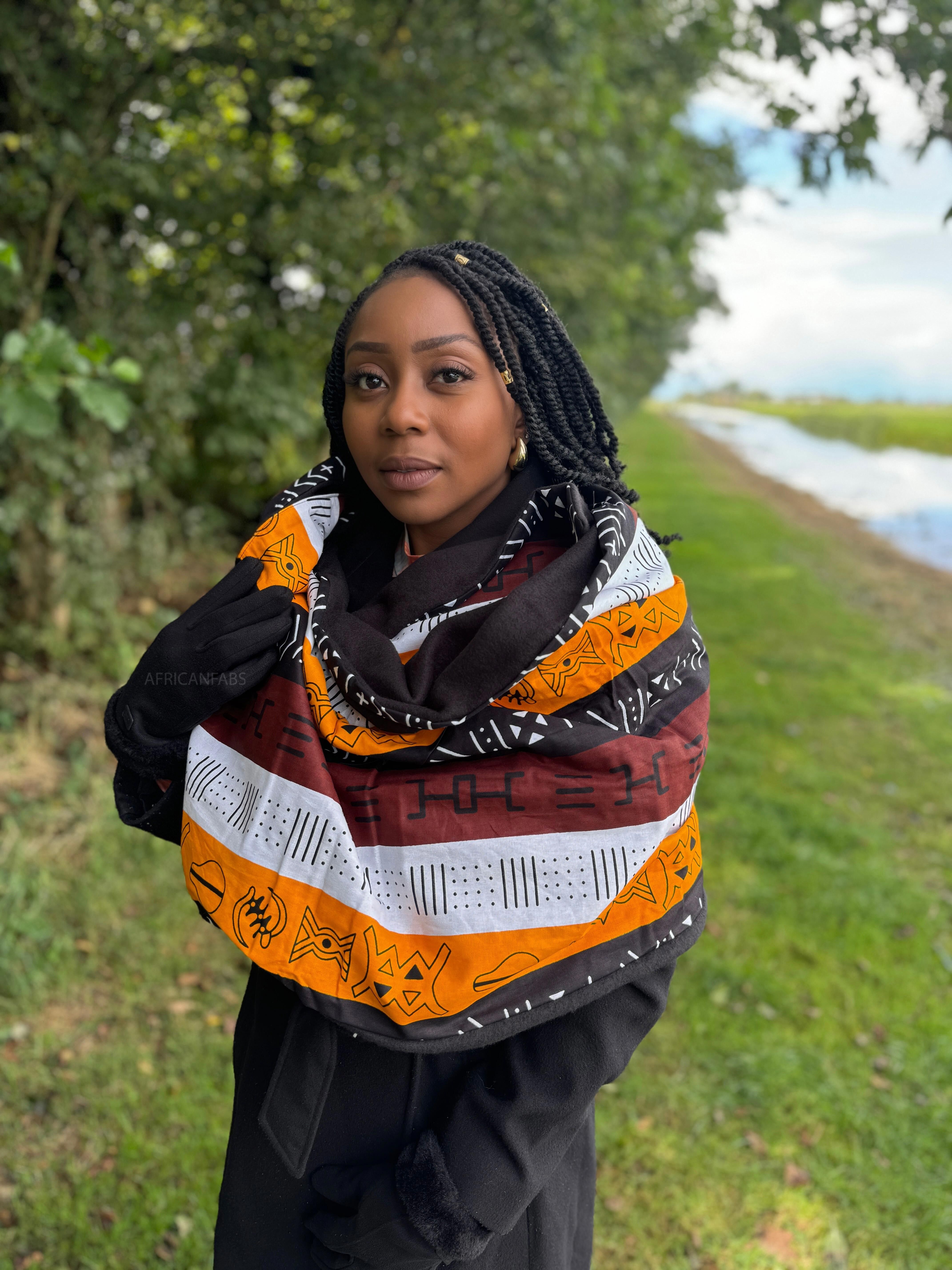 Winterschal mit afrikanischem Muster für Erwachsene (Unisex) – Dunkelbraun/Gelb mit Bogolan-Symbolen