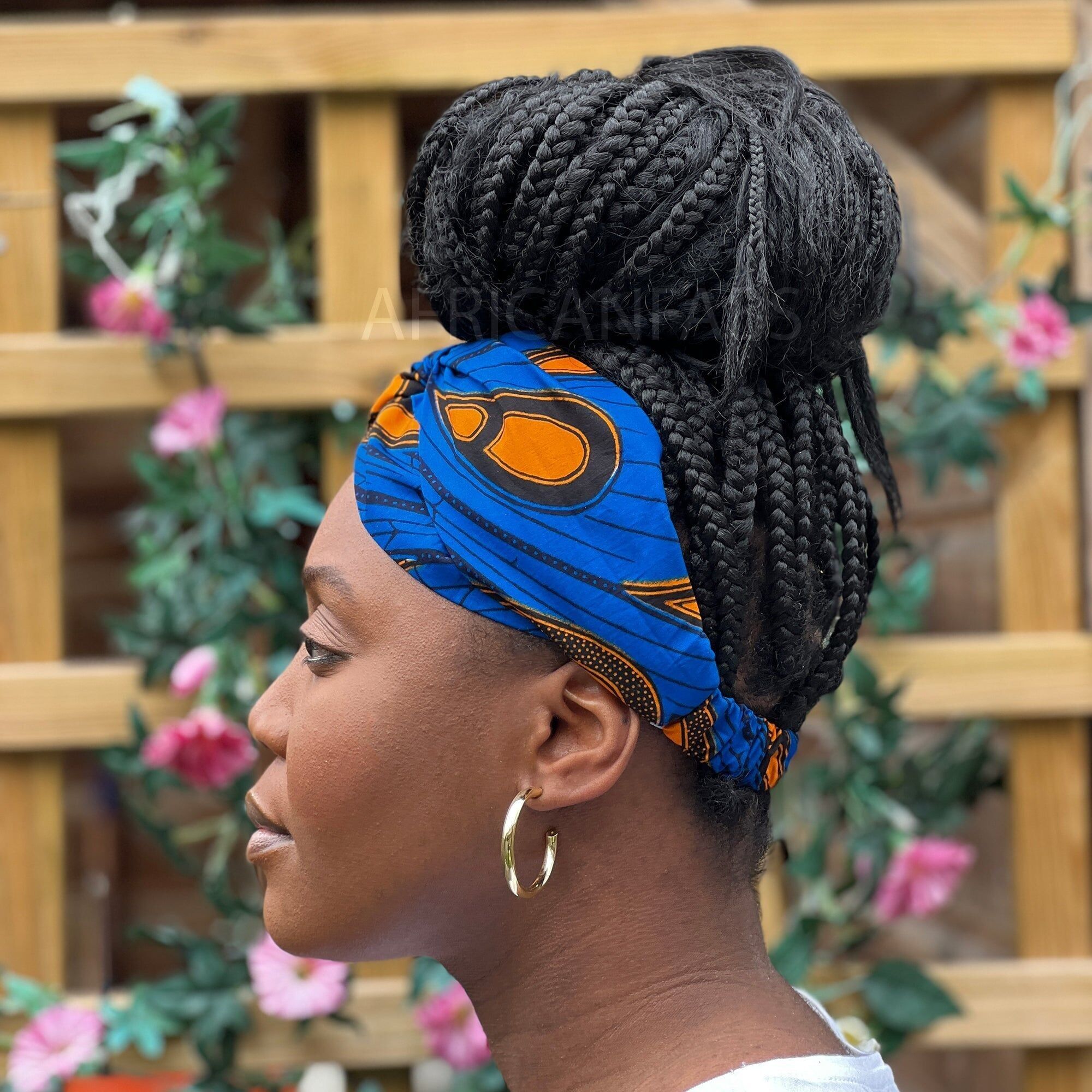 Haarband mit afrikanischem Muster – Erwachsene – Haaraccessoires – Blau/Orangefarbene elektrische Glühbirne VLISCO