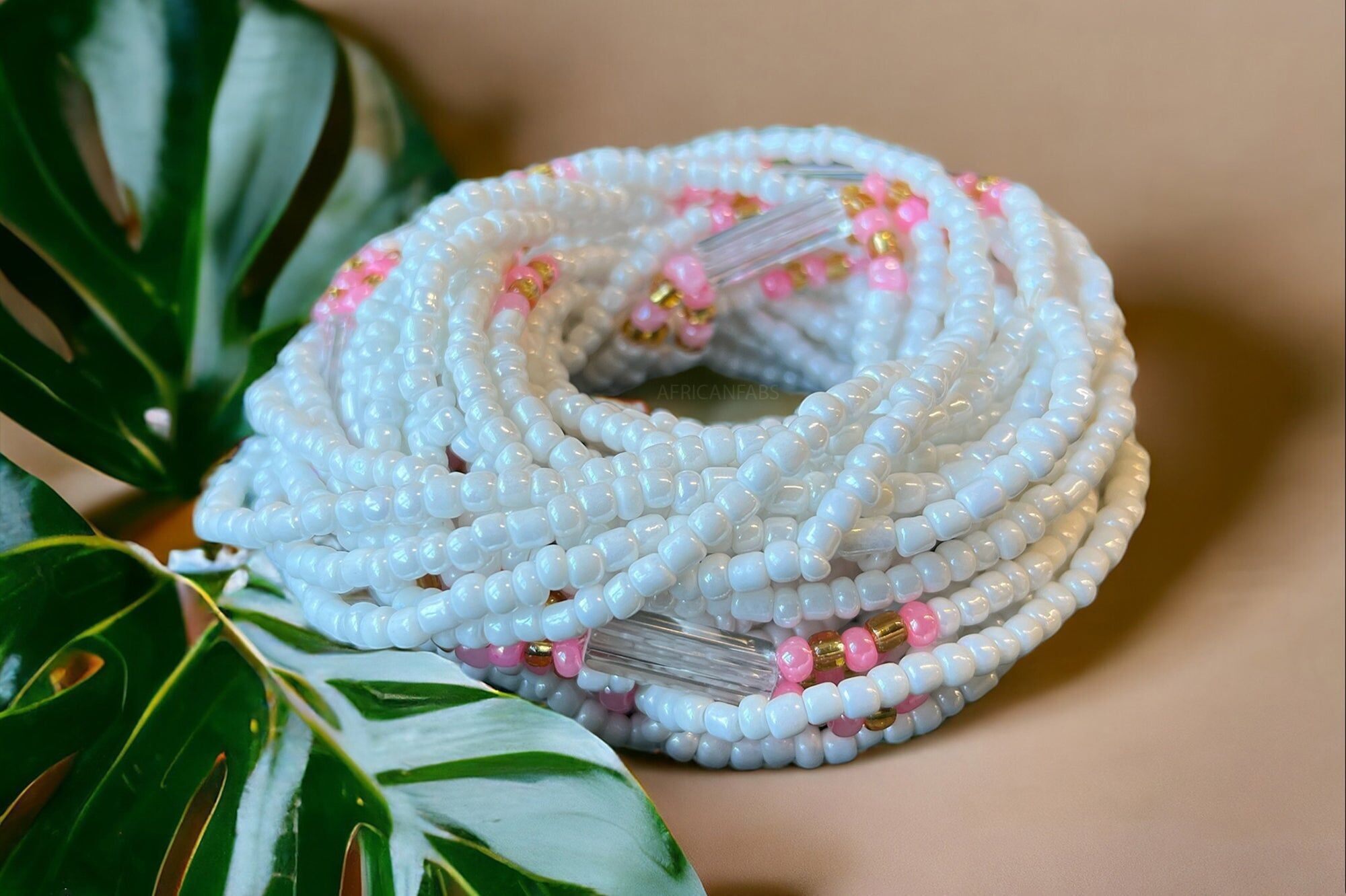 3-in-1-Taillenkette / Afrikanische Hüftkette - ABEBI - Rosa / Weiß (elastisch)