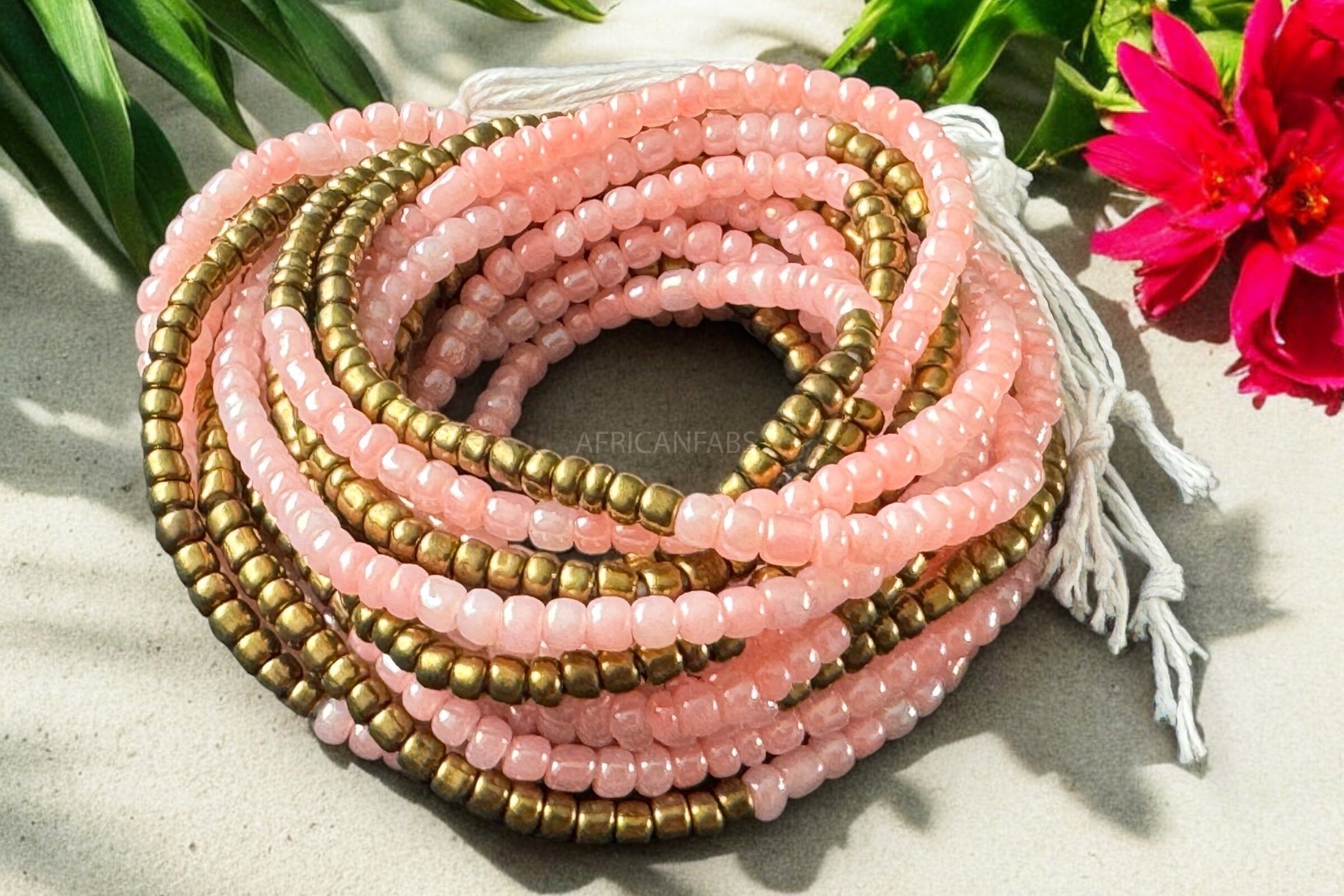 Hüftperlen / Afrikanische Hüftkette - Abinéné - Gold / rosa (Traditionelle, nicht elastische Schnur)