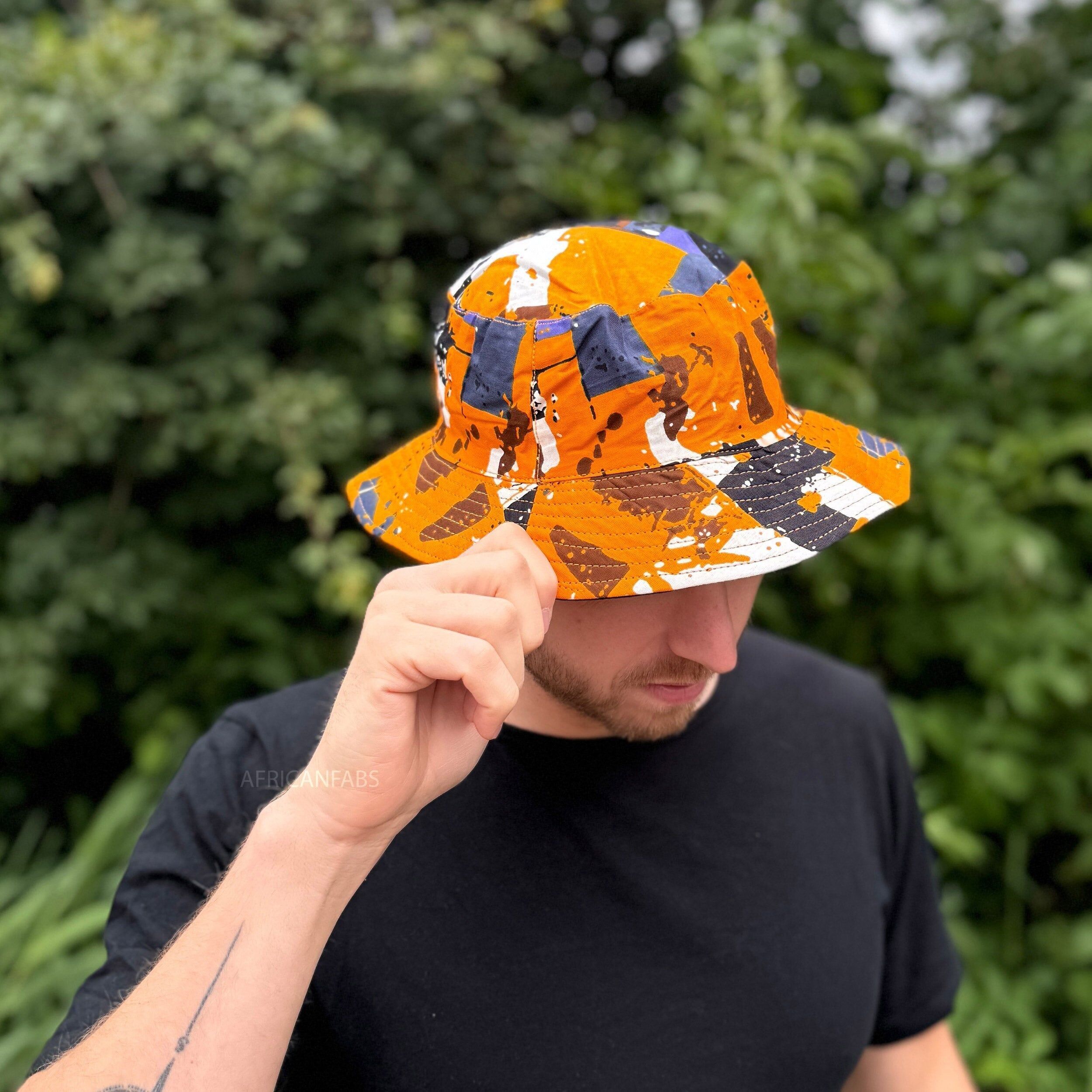 Fischerhut / Bucket Hat mit afrikanischem Muster - Orangefarbene Formen - Kinder- und Erwachsenengrößen (Unisex)