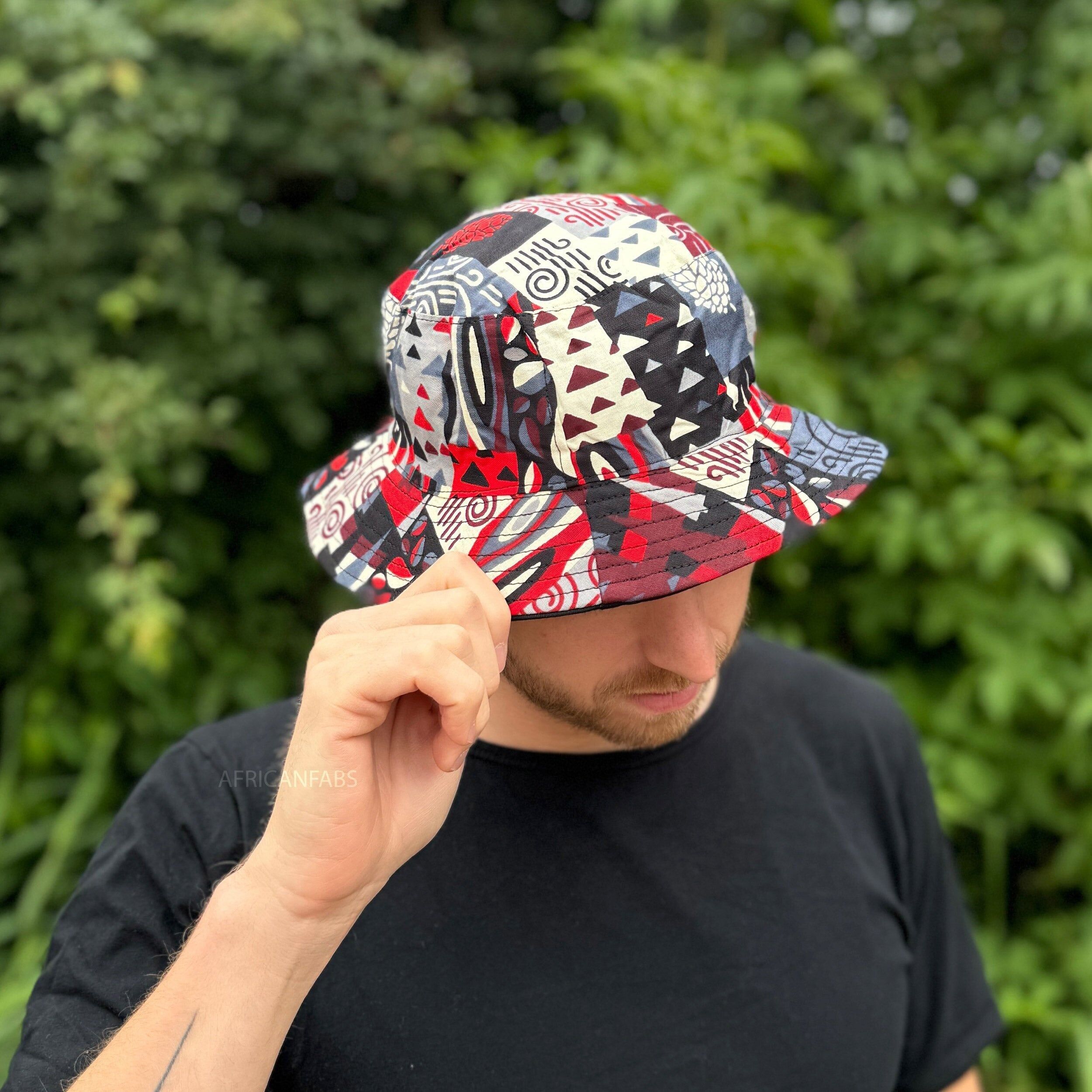 Fischerhut / Bucket Hat mit afrikanischem Muster - Rote Formen - Kinder- und Erwachsenengrößen (Unisex)
