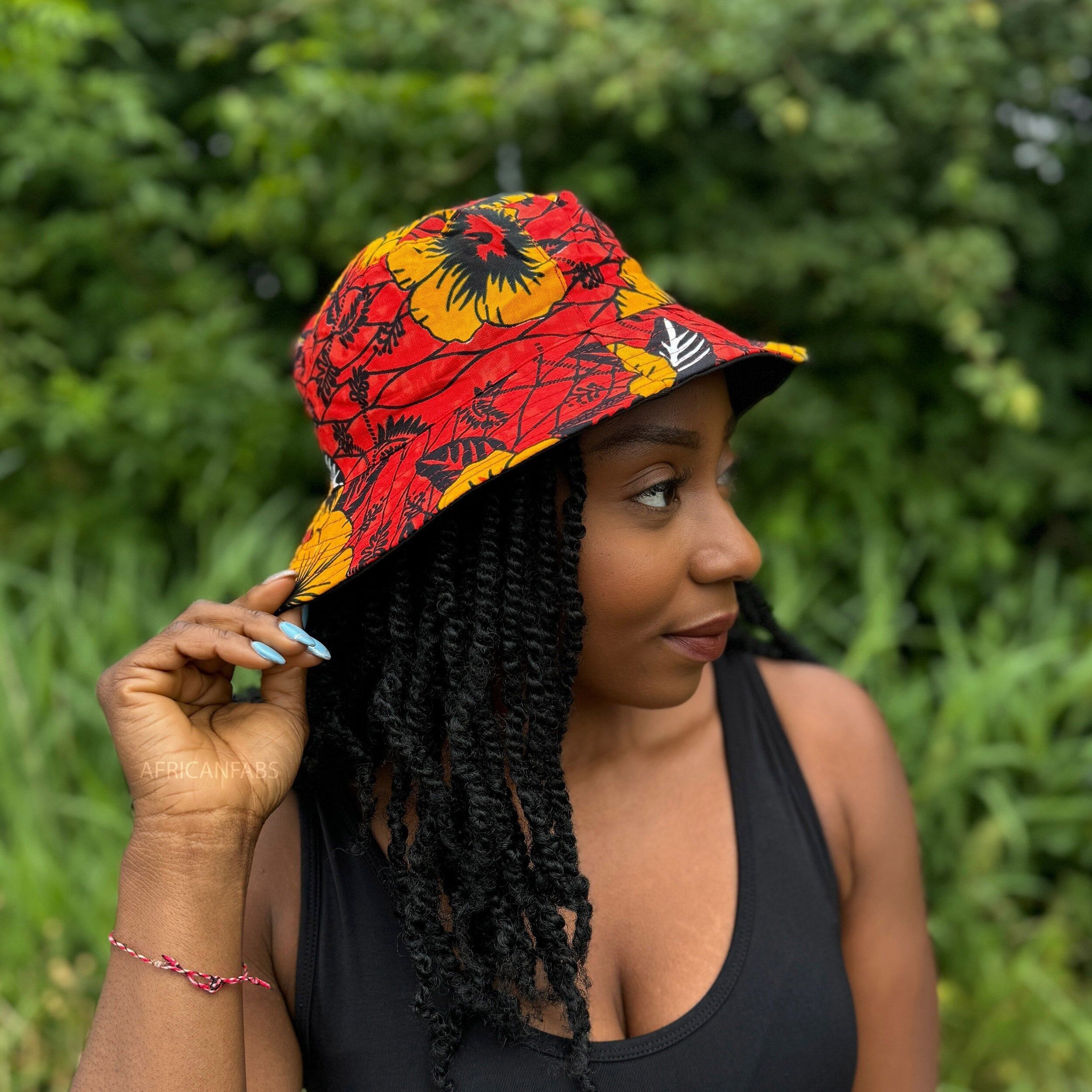 Fischerhut / Bucket Hat mit afrikanischem Muster - Rote Blumen - Kinder- und Erwachsenengrößen (Unisex)