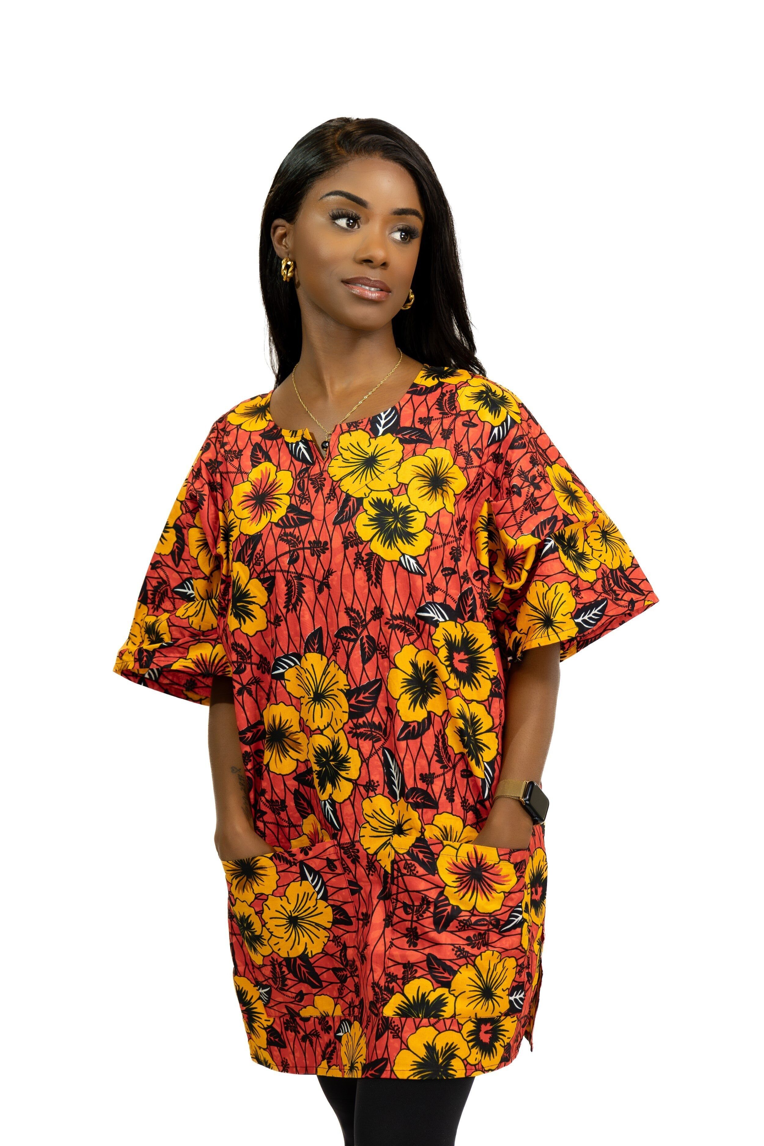 Dashiki-Hemd/Dashiki-Kleid mit rotem Blumenmuster – Oberteil mit afrikanischem Print – Unisex