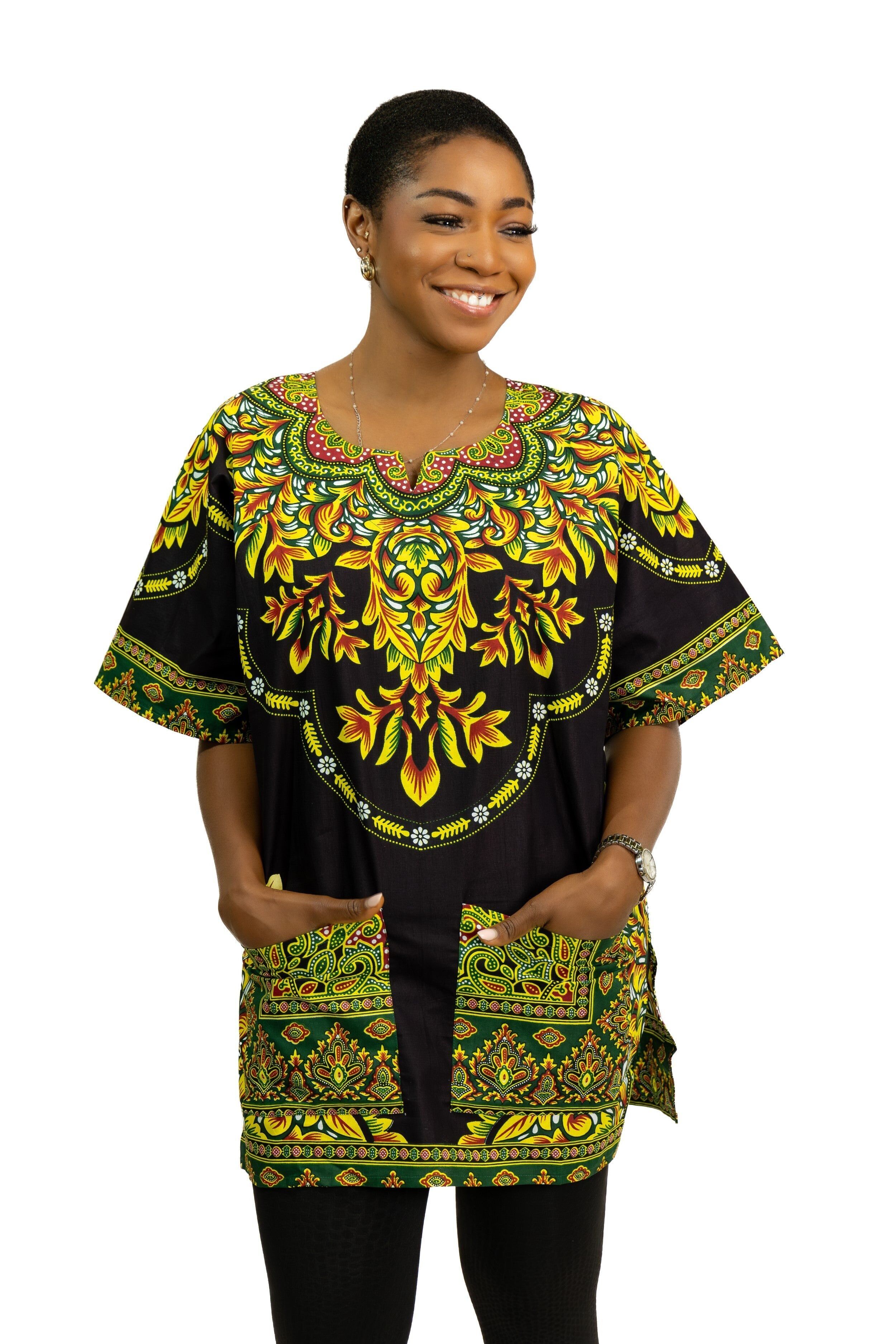 Schwarzes Dashiki-Hemd / Dashiki-Kleid – Oberteil mit afrikanischem Muster – Unisex