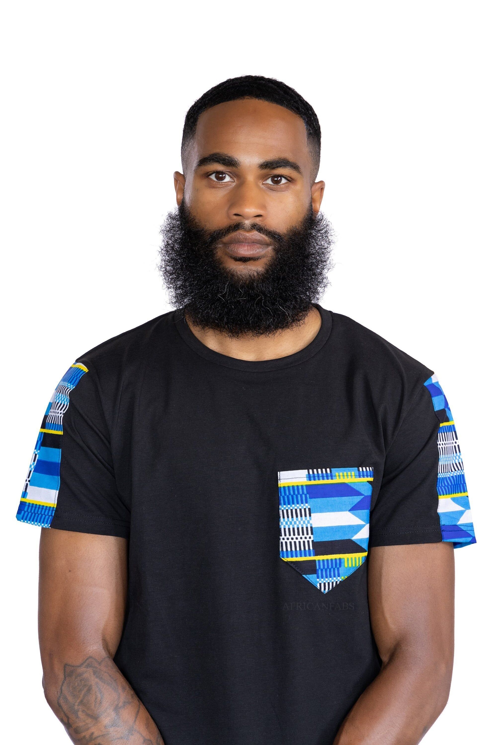 T-Shirt mit afrikanischen Musterdetails – blaue Kente-Tasche