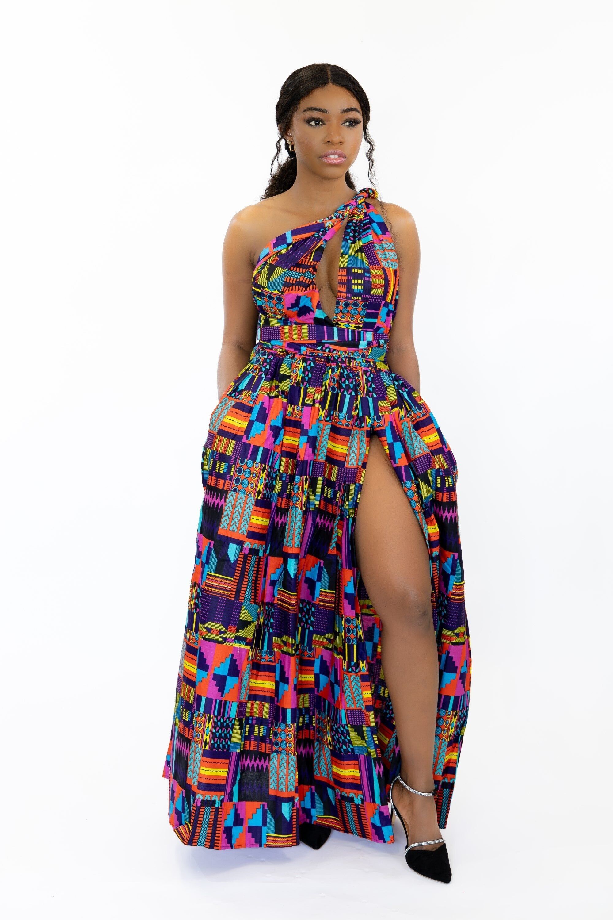 Afrikanisches Kente-Maxikleid in verschiedenen Farben und Lila (Infinity Multiway)