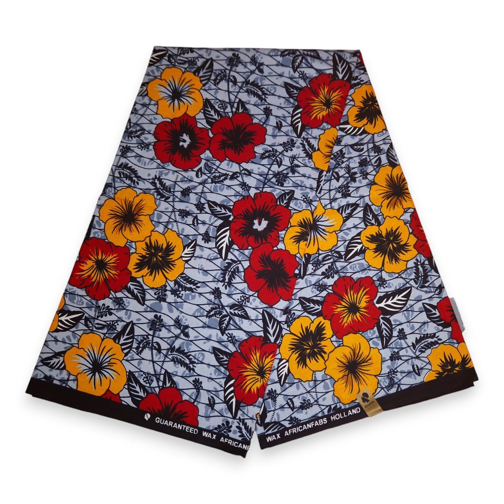 6 Yards – Afrikanischer Stoff mit hellgrauen Blumen – 100 % Baumwolle