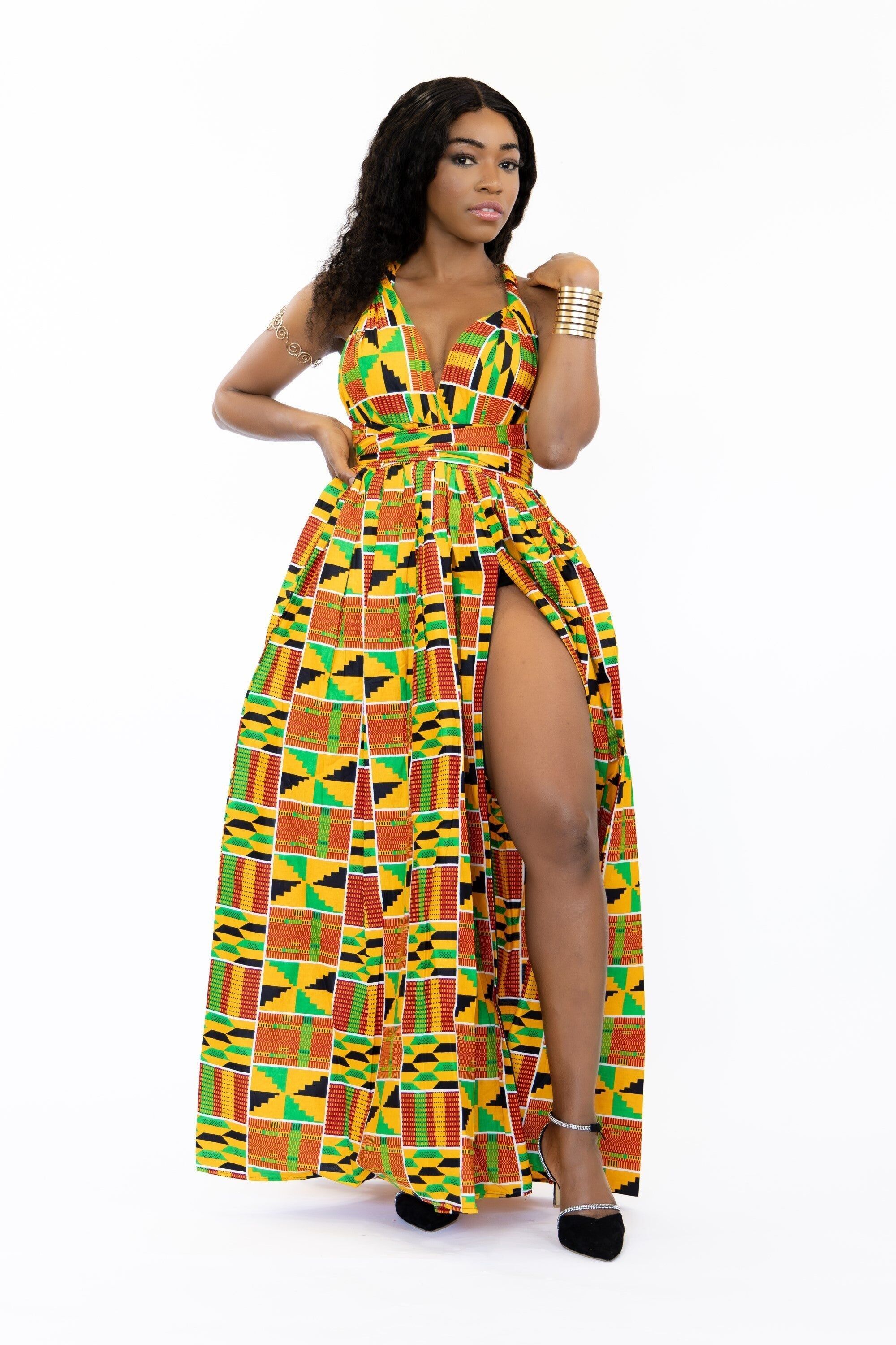 Kente-Maxikleid mit afrikanischem Print in Orange/Grün (Infinity Multiway Dress)