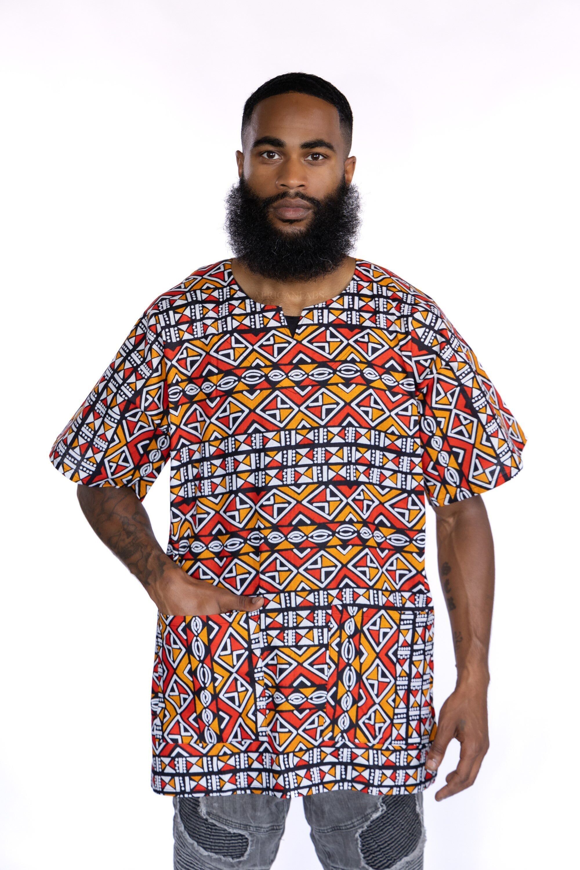 Camicia Dashiki Bogolan rossa/arancione / Abito Dashiki - Top con stampa africana - Unisex