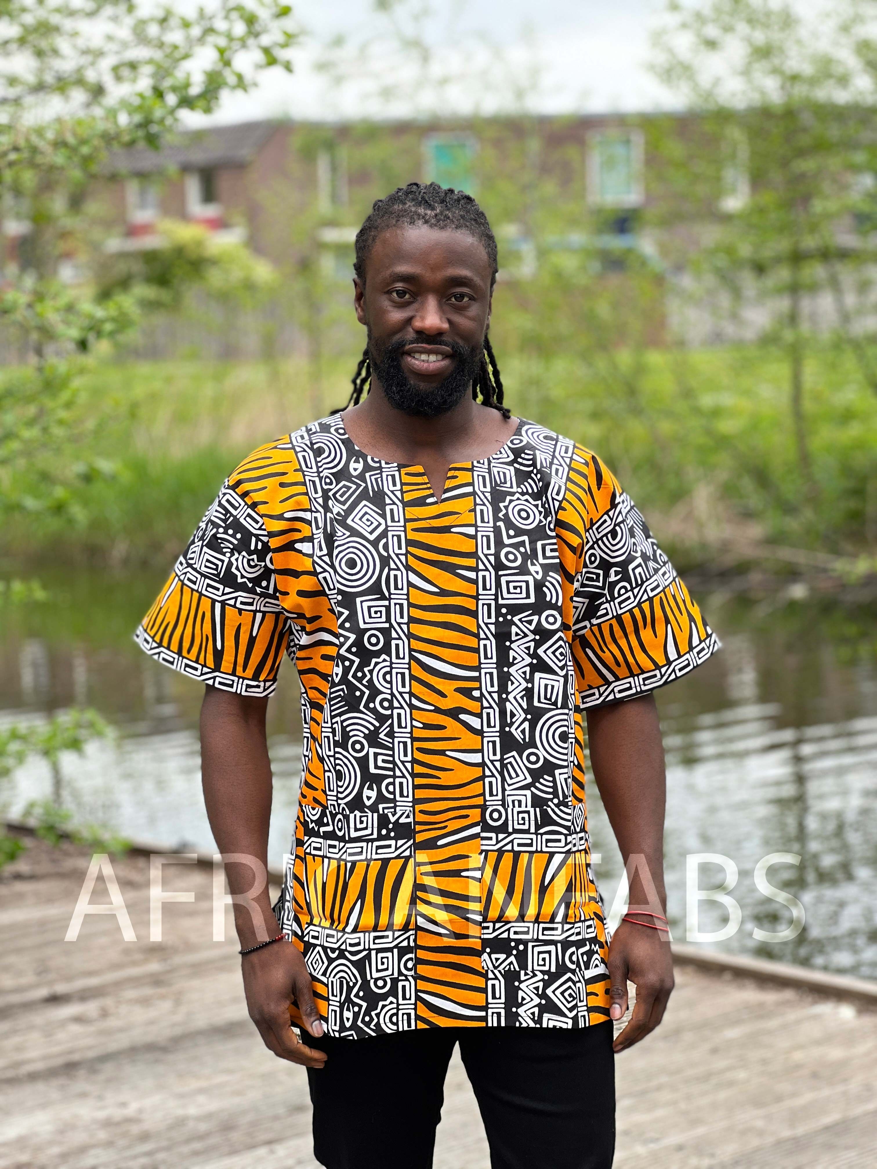 Chemise/robe Dashiki Bogolan orange et blanche - Haut à imprimé africain - Unisexe
