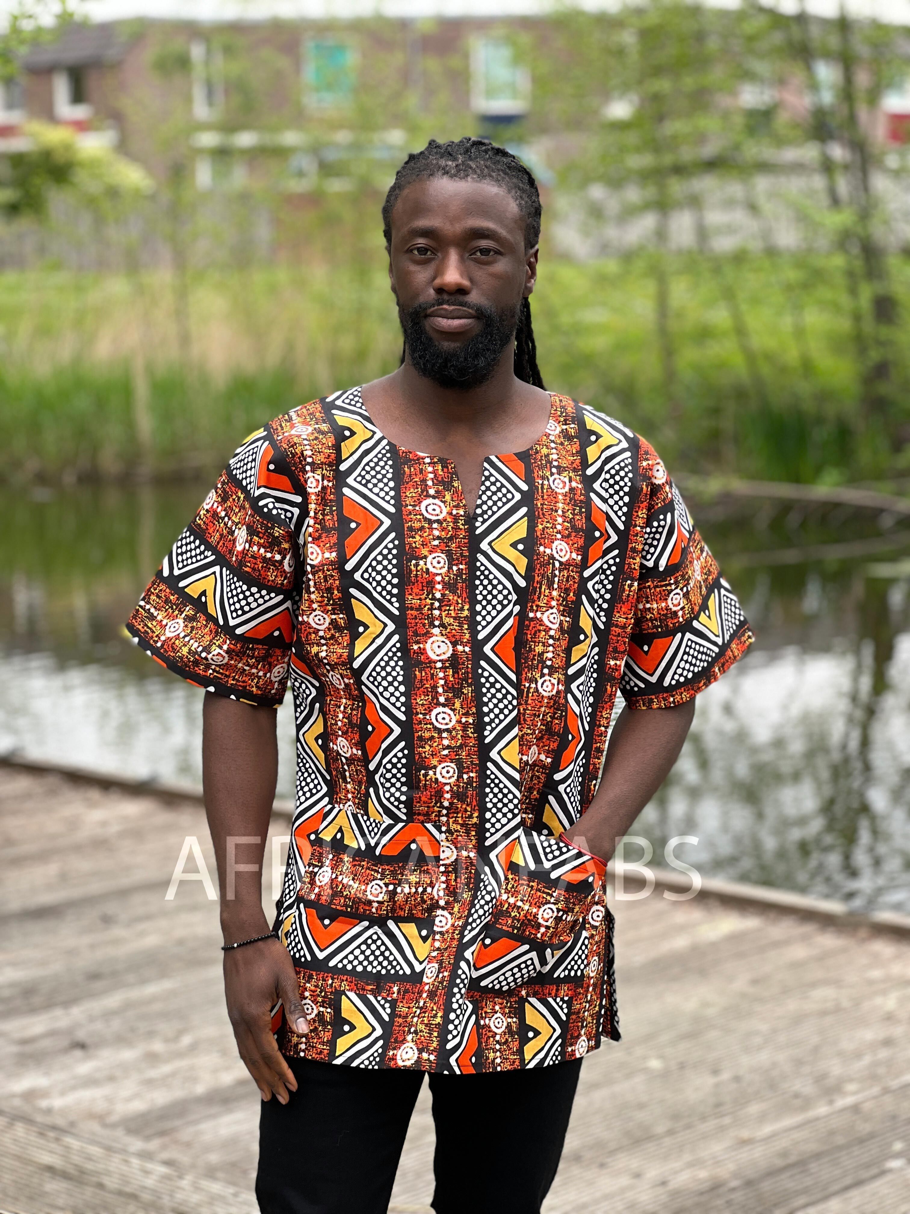 Chemise/robe Dashiki Bogolan marron/orange - Haut à imprimé africain - Unisexe