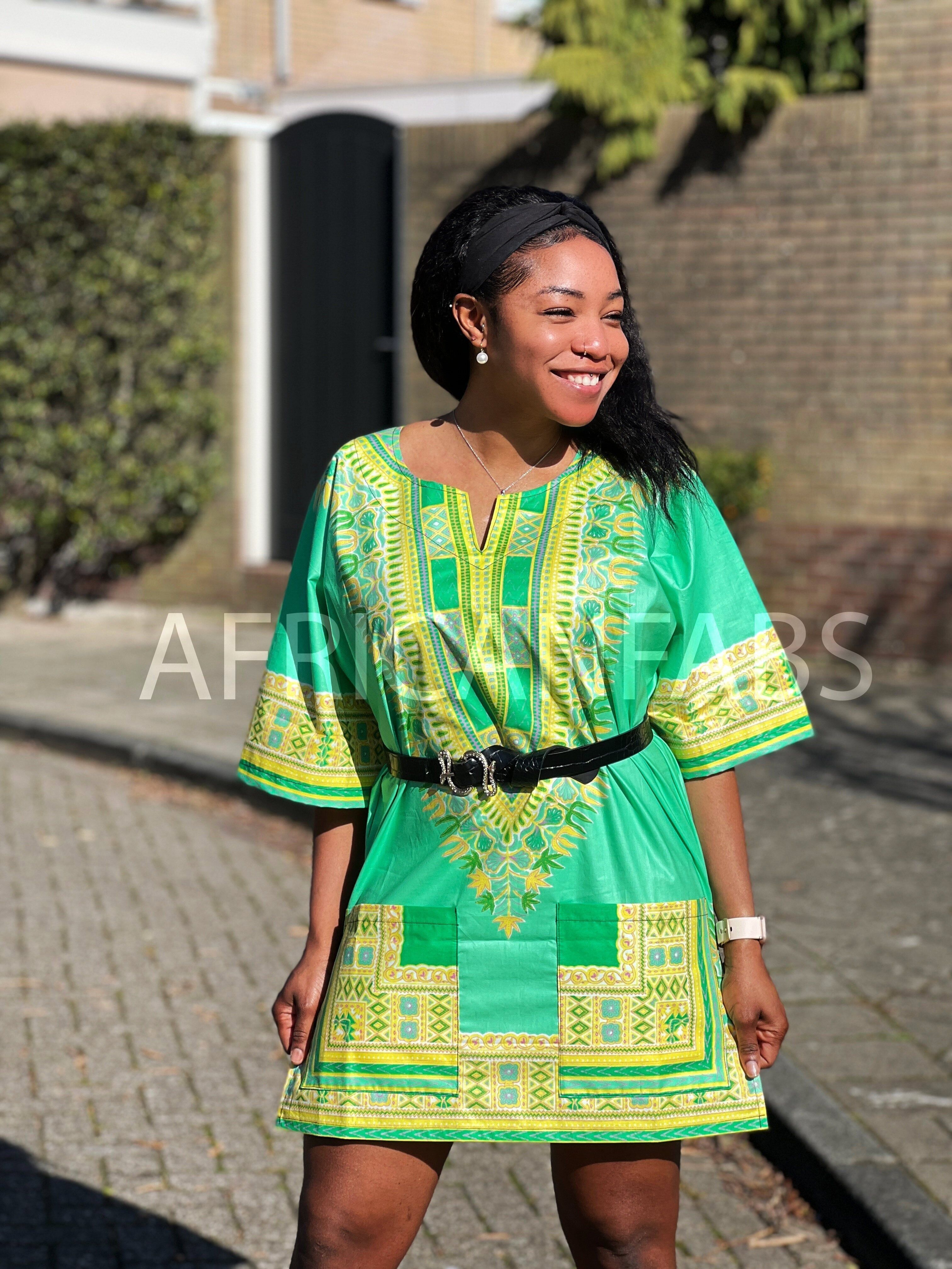 Chemise/robe Dashiki vert citron - Haut à imprimé africain - Unisexe - Vlisco