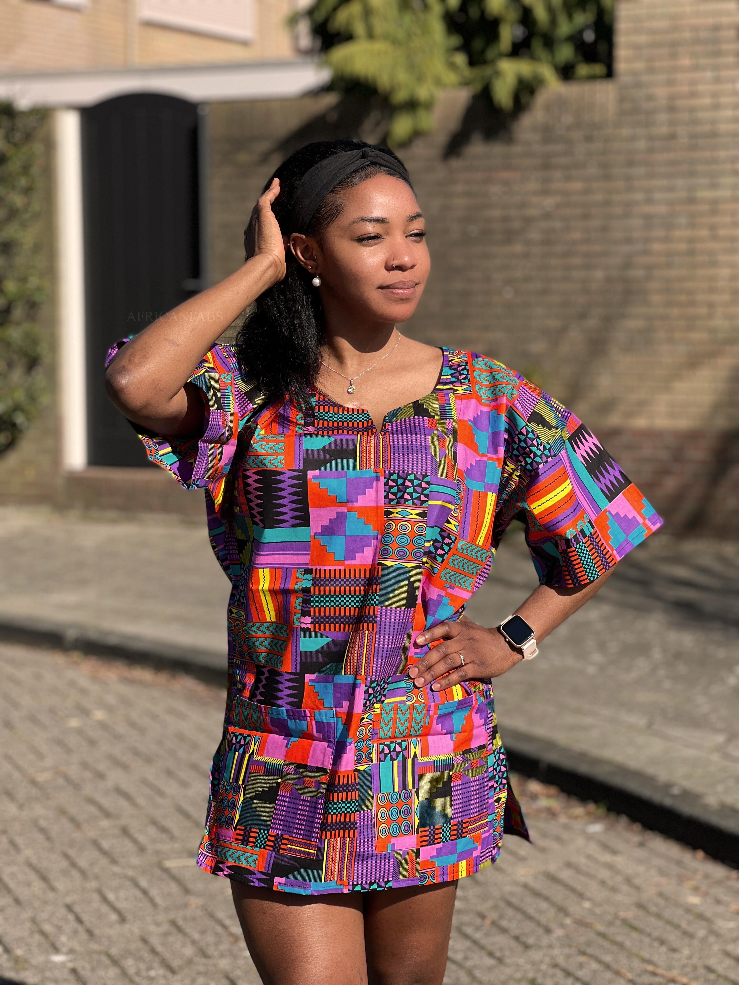 Chemise/robe Dashiki Kente violette/rose - Haut à imprimé africain - Unisexe