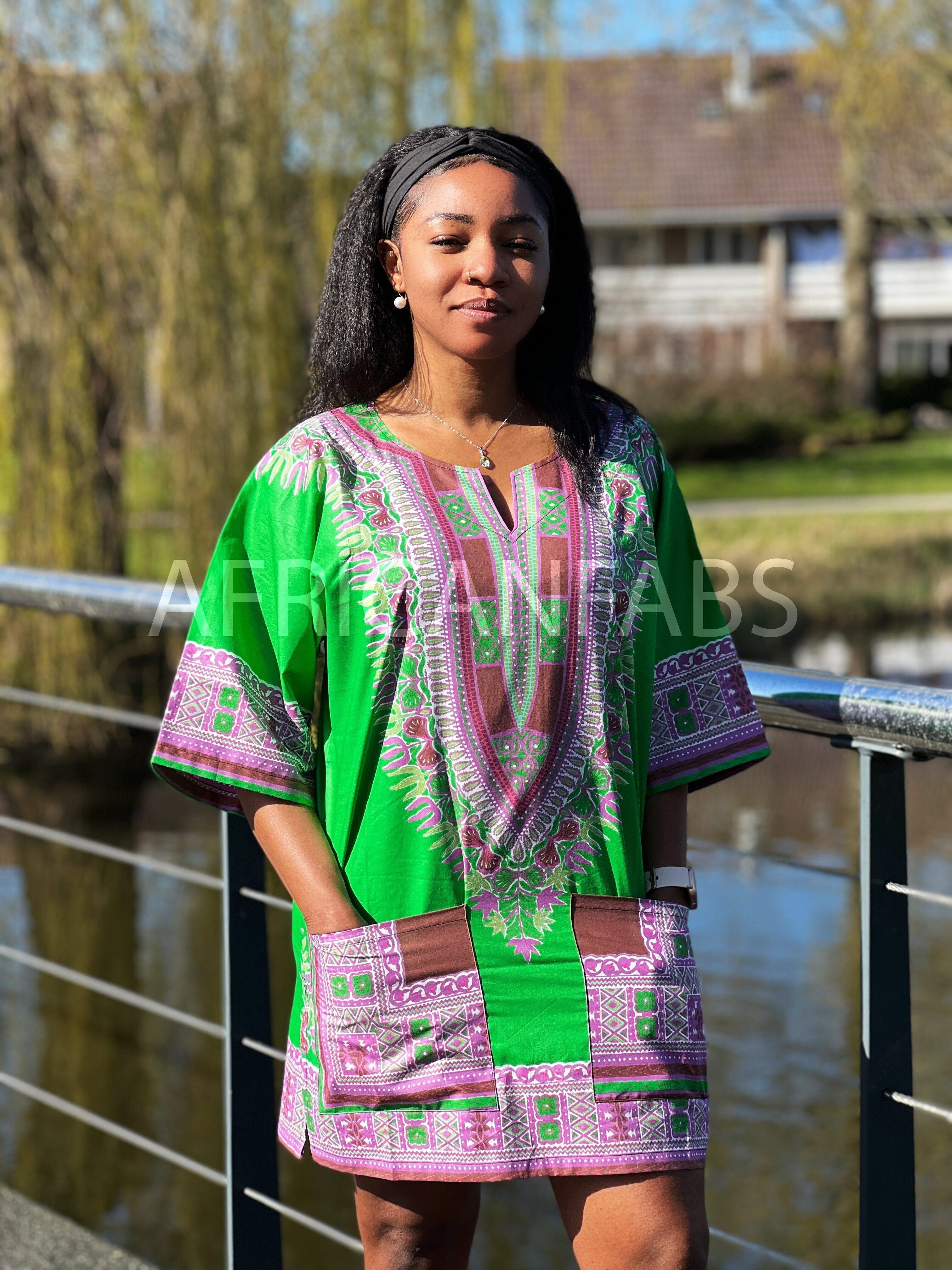 Chemise/robe Dashiki verte - Haut à imprimé africain - Unisexe - Vlisco