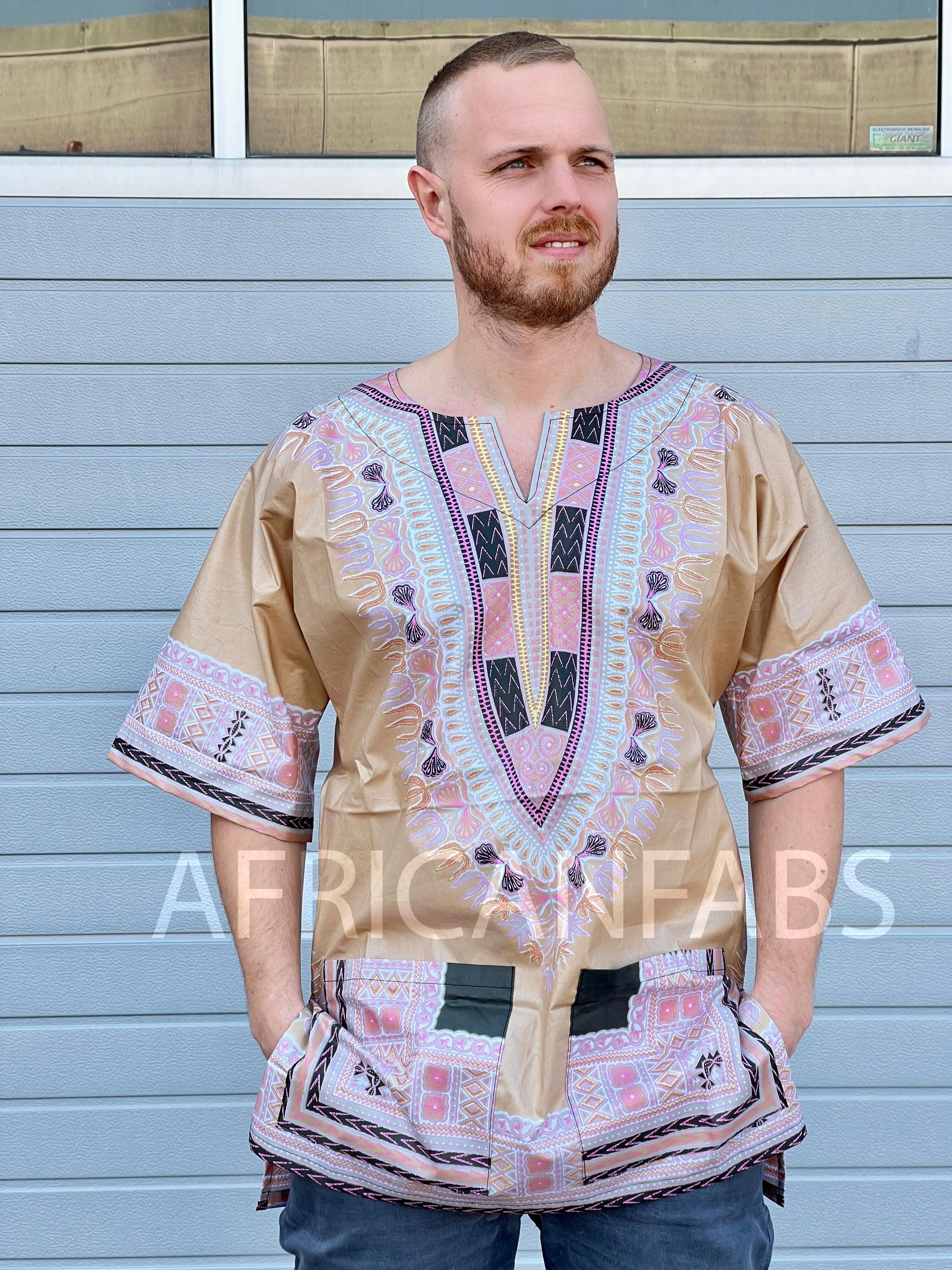Chemise/robe Dashiki beige - Haut à imprimé africain - Unisexe - Vlisco