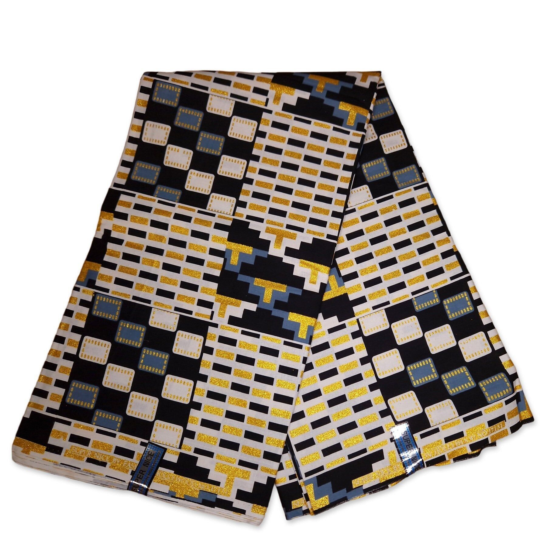 6 Yards - Tessuto stampato africano - Esclusivi effetti glitter impreziositi 100% cotone - GL-4056 Kente Gold Black White