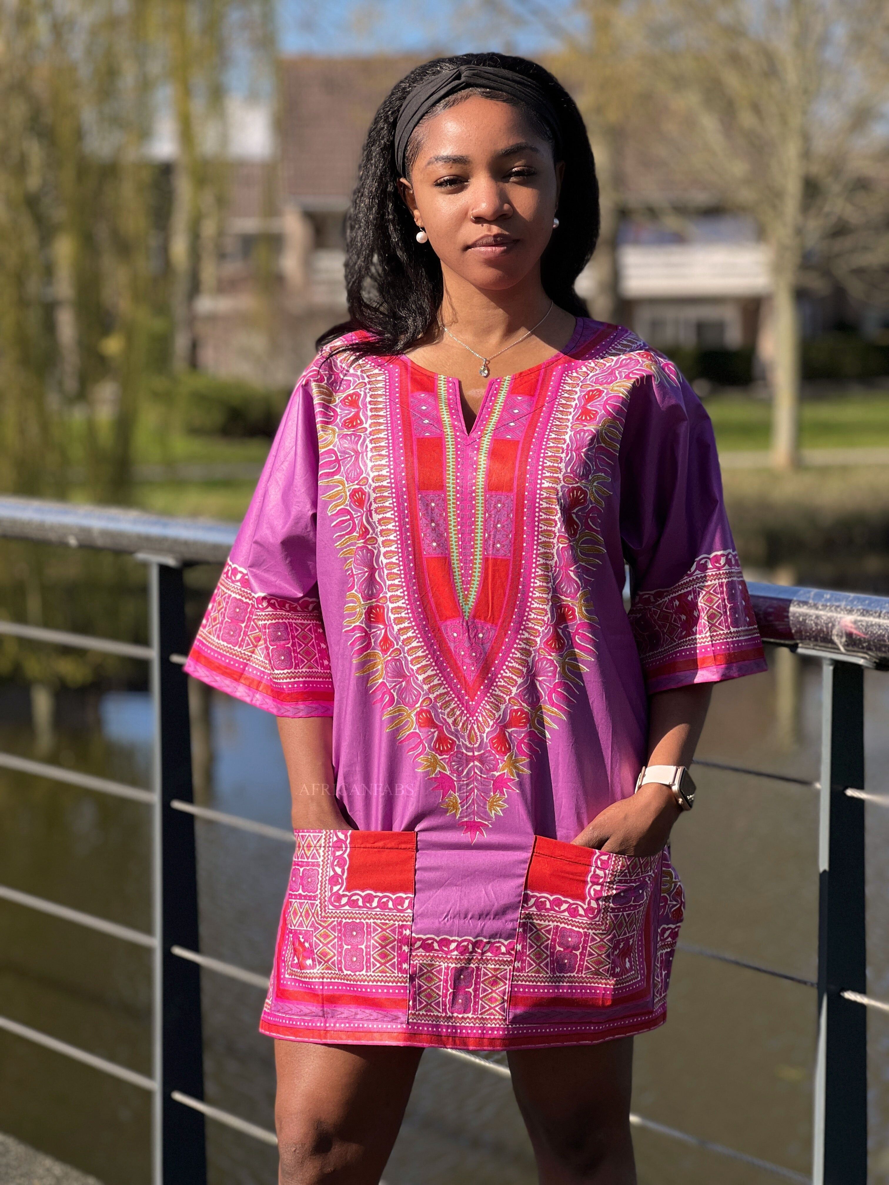 Chemise/robe Dashiki violette/rouge - Haut à imprimé africain - Unisexe - Vlisco