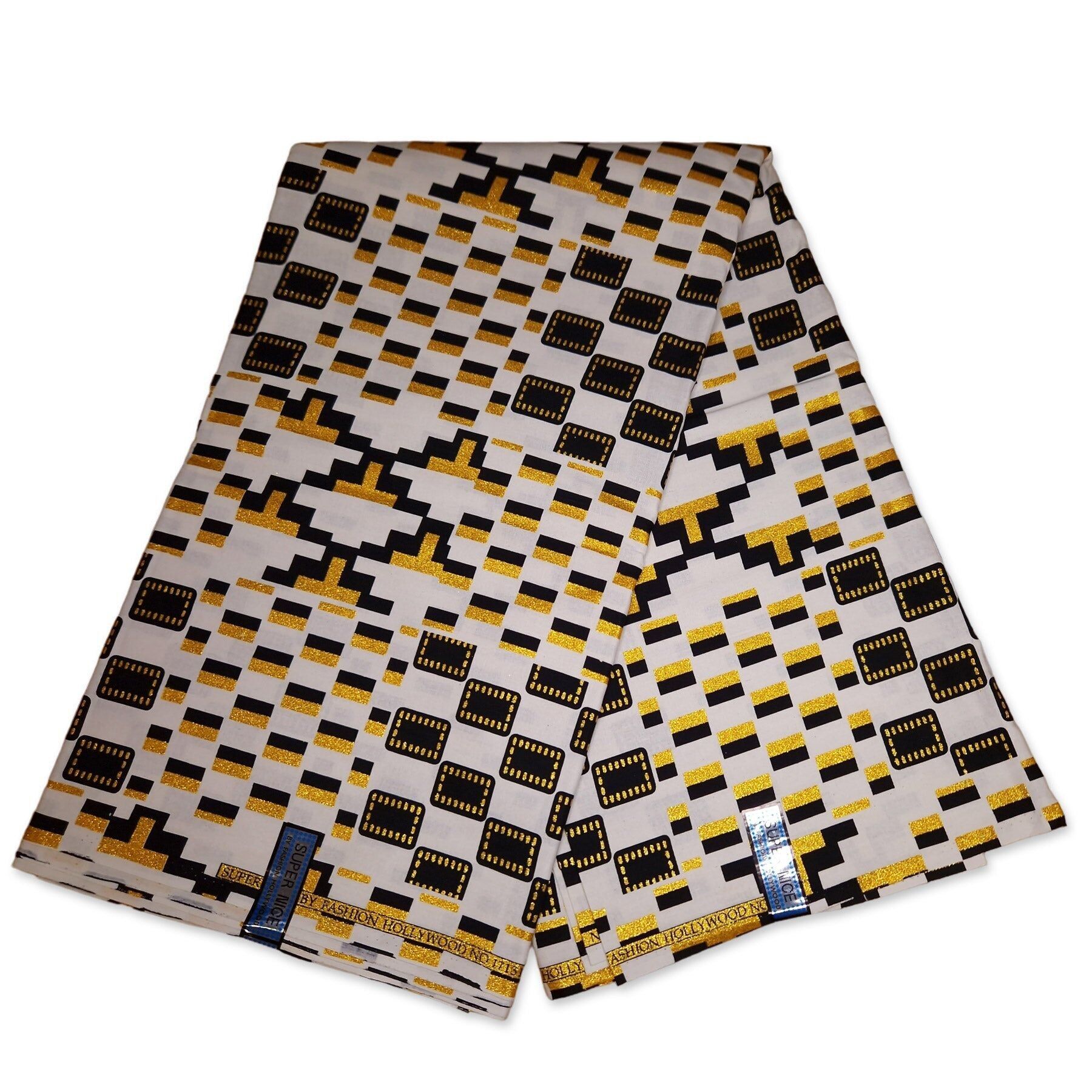 6 Yards - Tessuto stampato africano - Esclusivi effetti glitter impreziositi 100% cotone - GL-4053 Kente Gold Black White