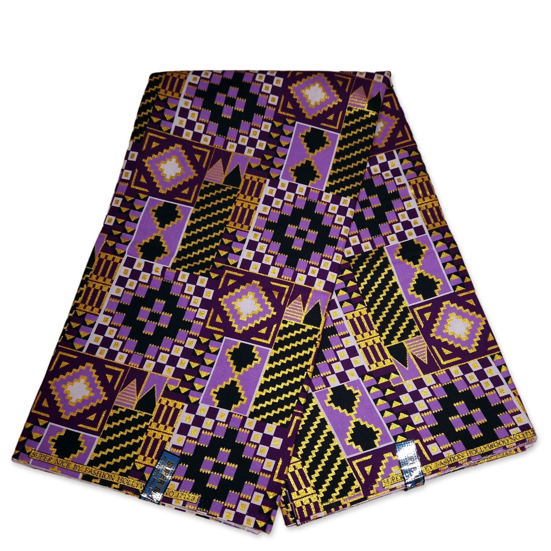 6 Yards - Tessuto stampato africano - Esclusivi effetti glitter impreziositi 100% cotone - KT-3086 Kente Gold Purple
