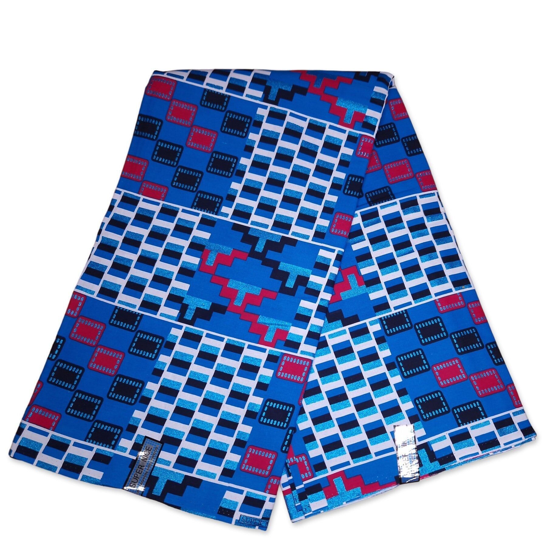 6 yards - Tissu imprimé africain - Effets pailletés exclusifs - 100 % coton - GL-4046 Kente Bleu Rouge