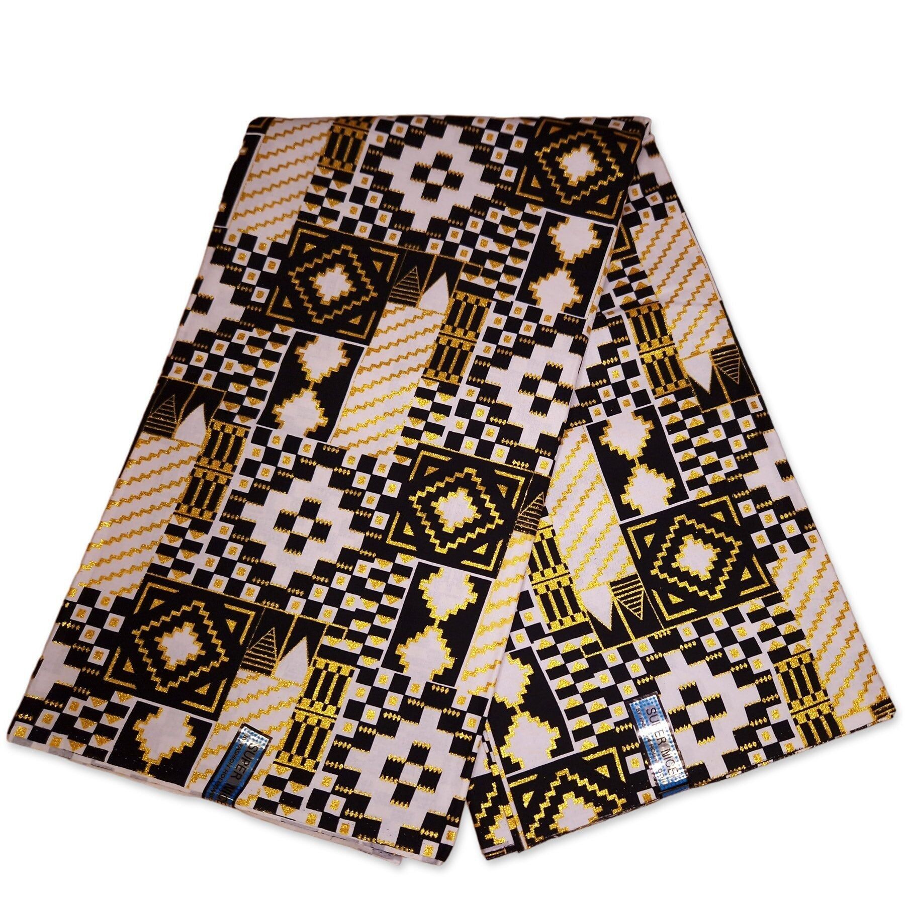 6 yards - Tissu imprimé africain - Effets pailletés exclusifs - 100 % coton - GL-4042 Kente Or Noir Blanc
