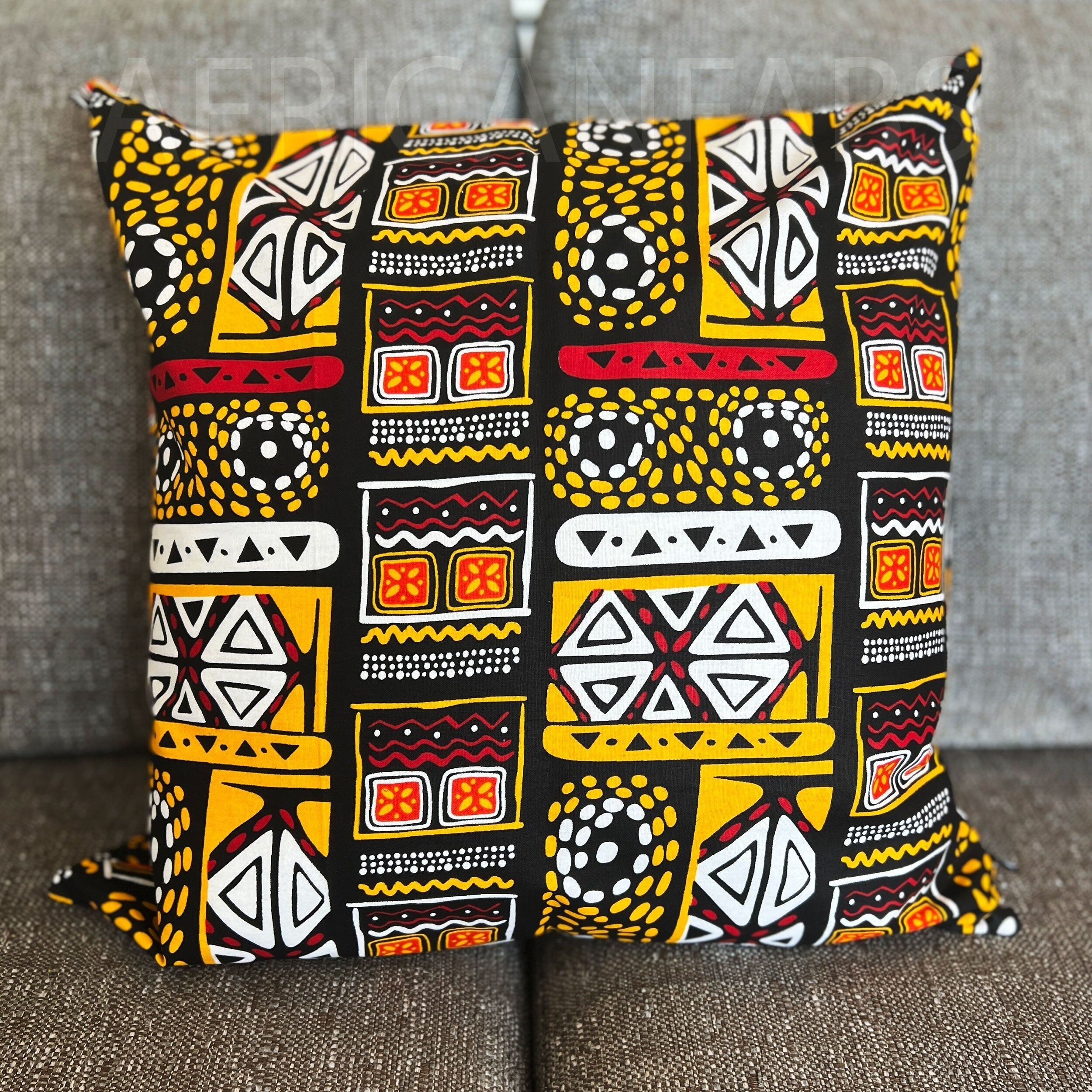 Housse de coussin africaine | Bogolan jaune / Tissu de boue - Coussin décoratif 45x45cm - 100% coton