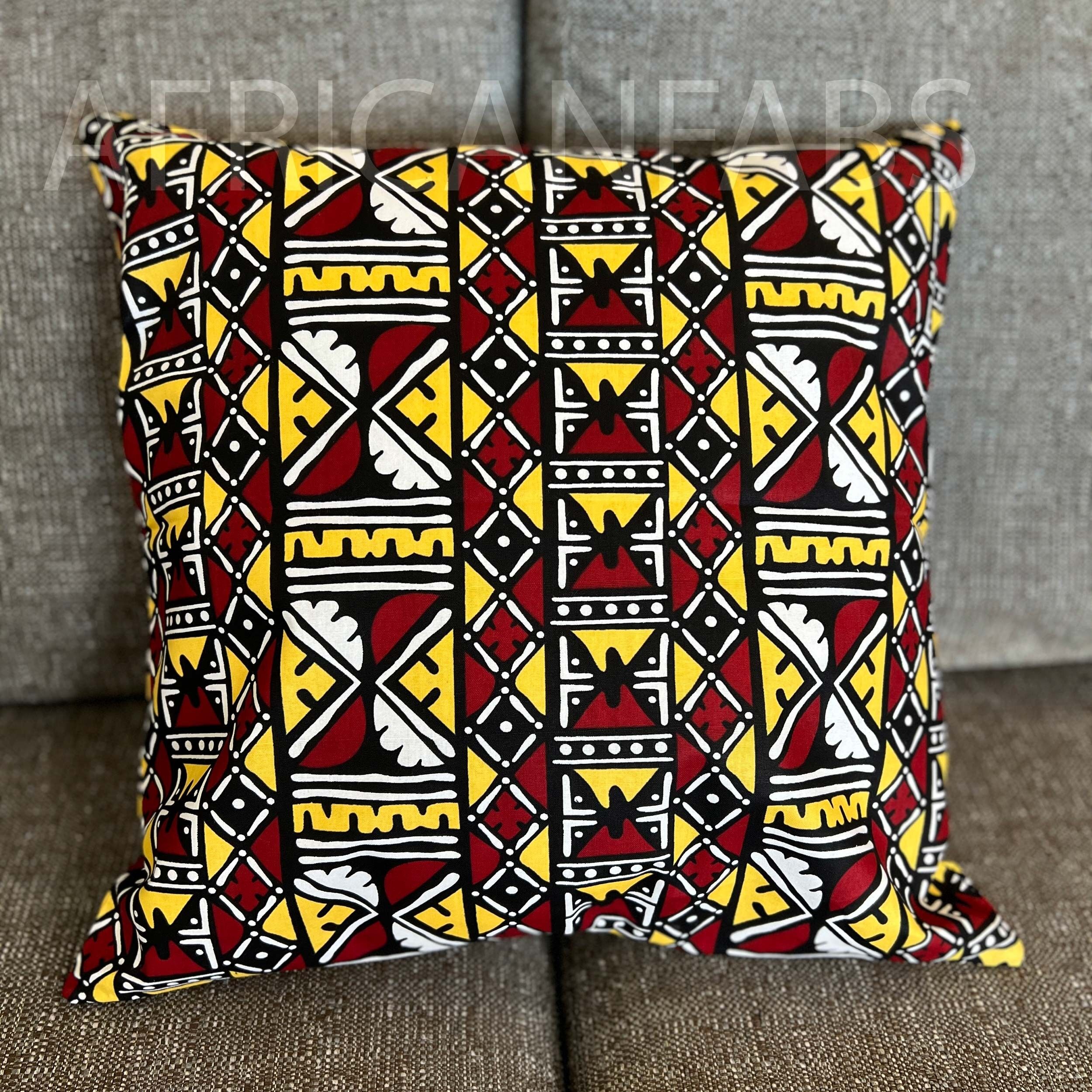 Housse de coussin africaine | Bogolan bordeaux / Tissu de boue - Coussin décoratif 45x45cm - 100% coton