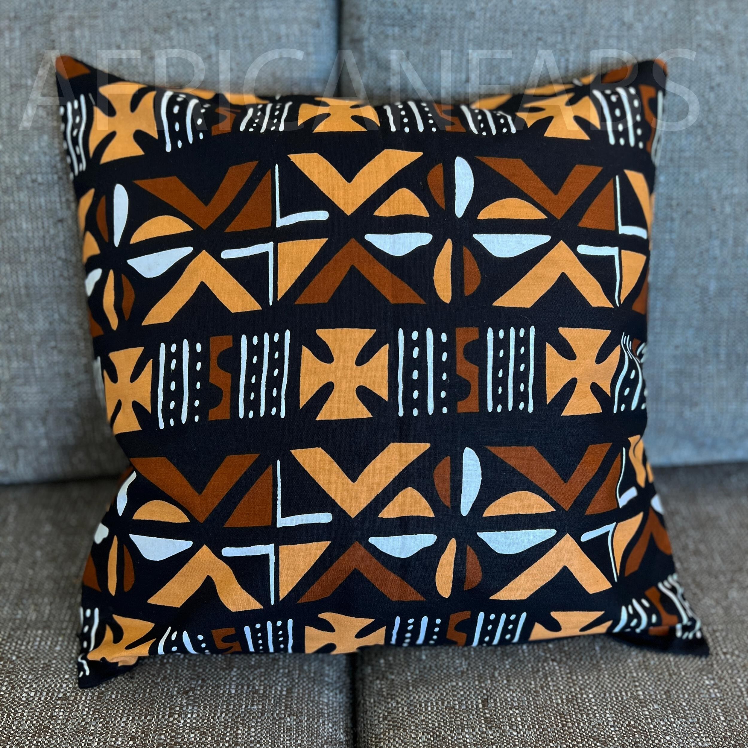 Housse de coussin africaine | Bogolan à croix orange-brun / Tissu boue - Coussin décoratif 45x45cm - 100% coton