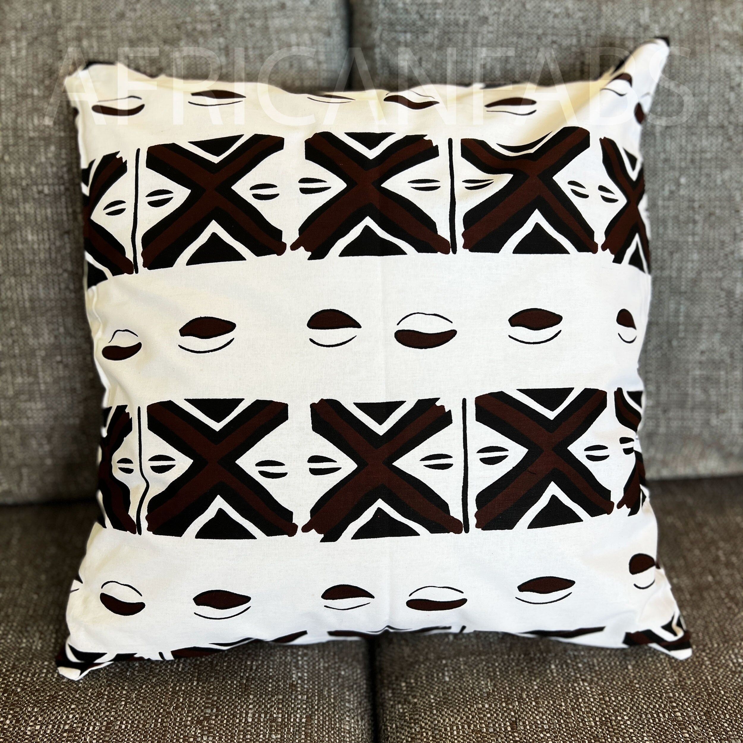 Housse de coussin africaine | Bogolan blanc / Tissu de boue - Coussin décoratif 45x45cm - 100% coton