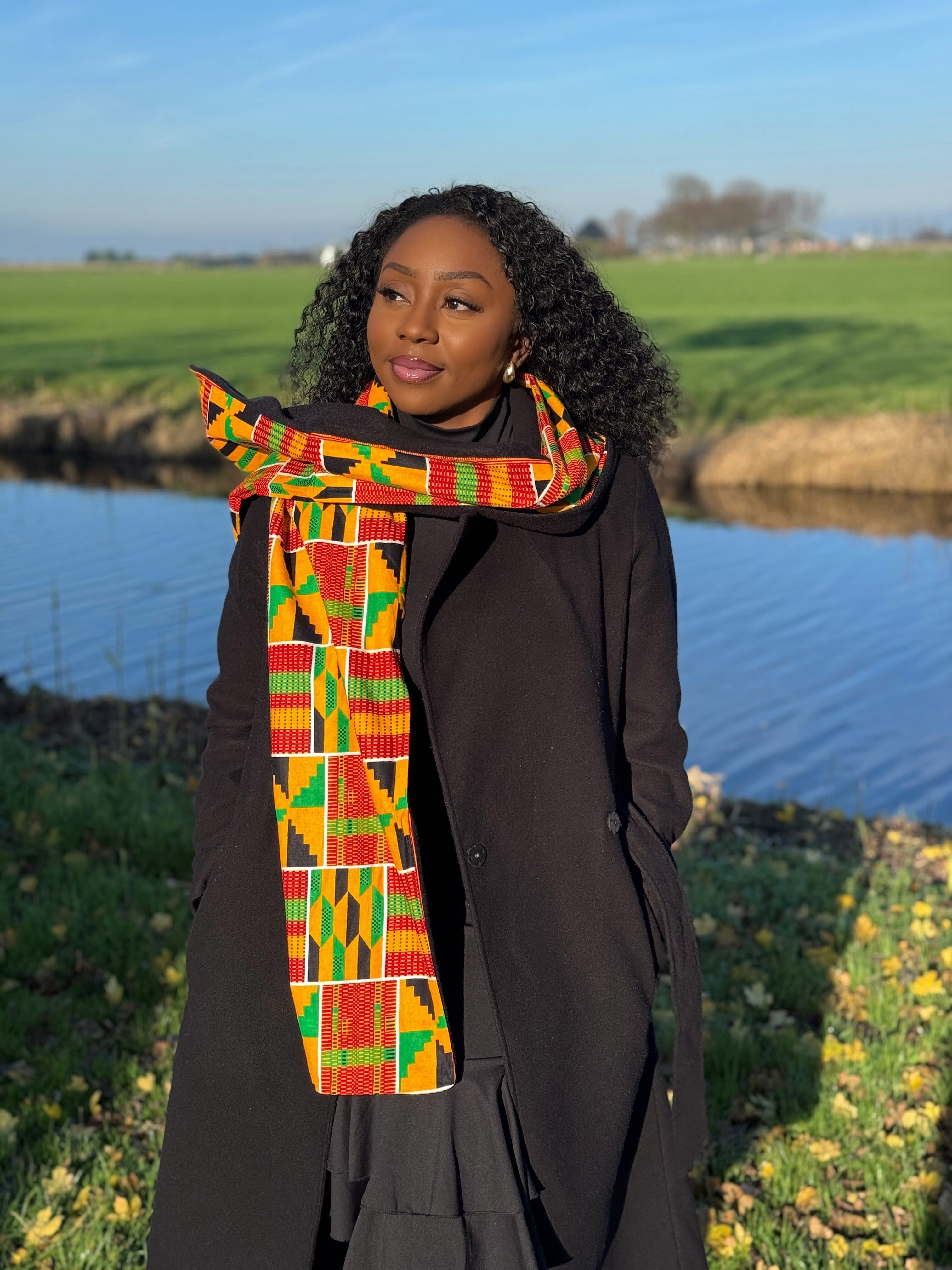 Écharpe d'hiver unisexe à imprimé africain - Modèle fin - Kente jaune et vert