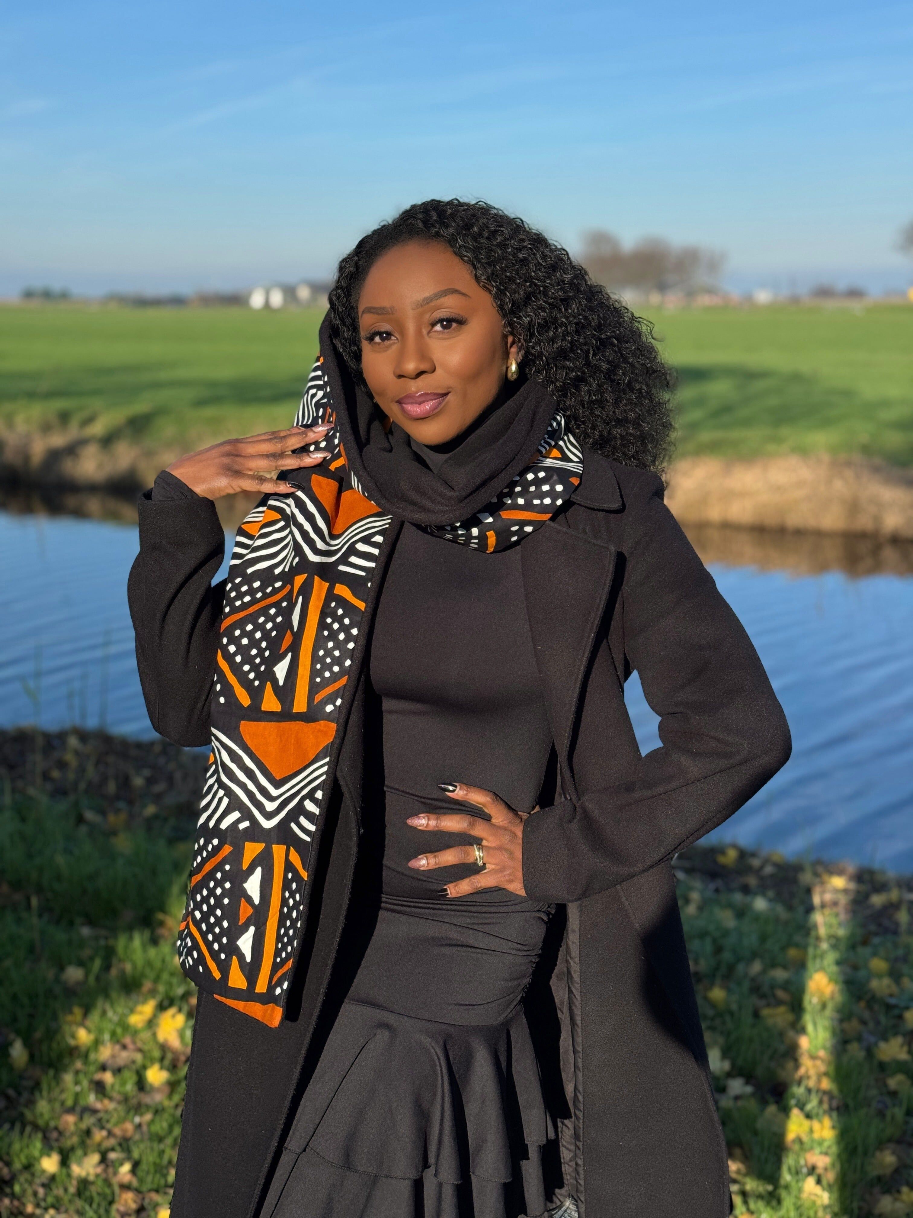 Sciarpa invernale con stampa africana unisex - Modello sottile - Bogolan marrone arancione