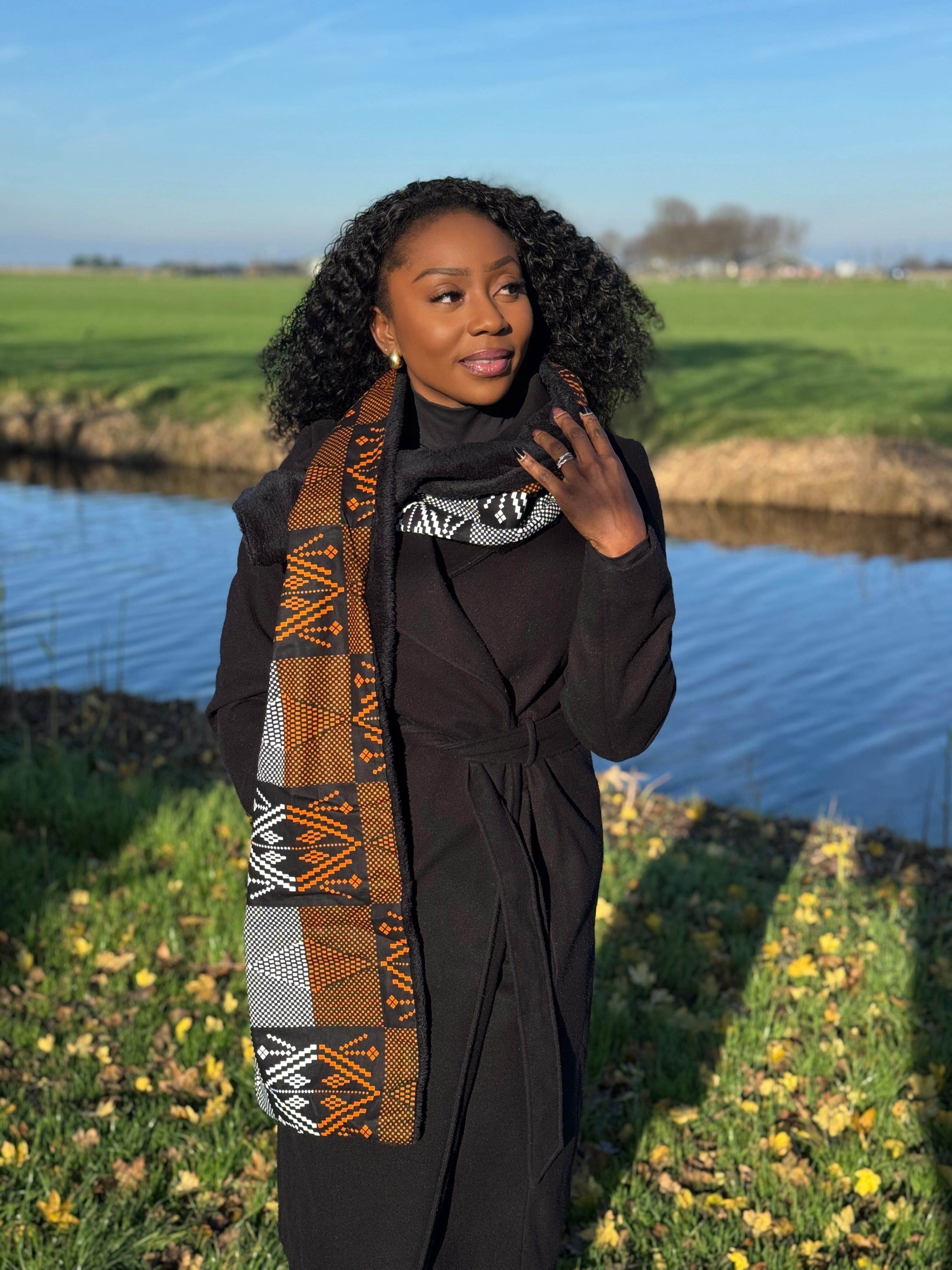 Sciarpa invernale con stampa africana Unisex - Modello sottile - Motivi tribali arancioni