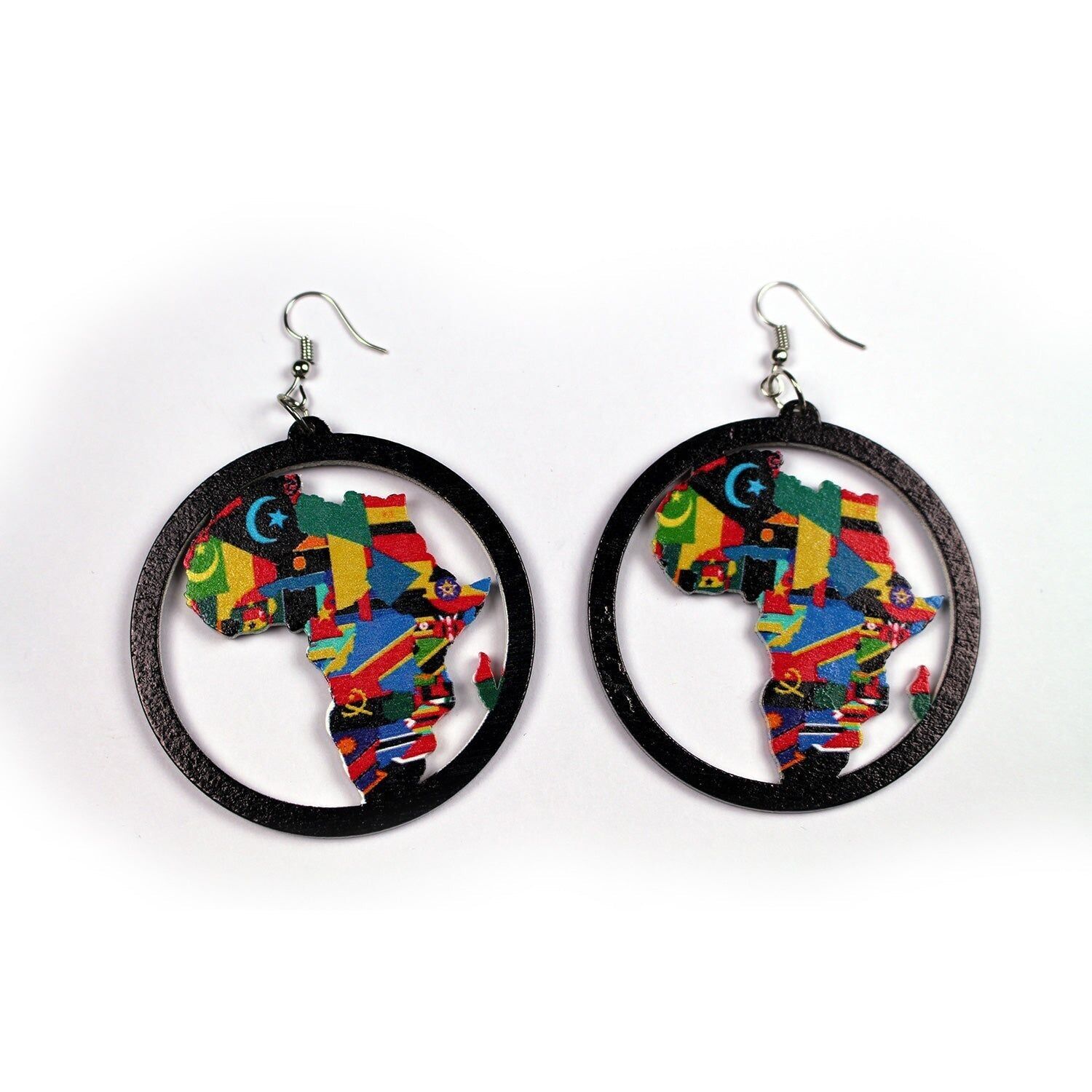 Boucles d'oreilles en bois noir | Continent africain avec tous les drapeaux des pays