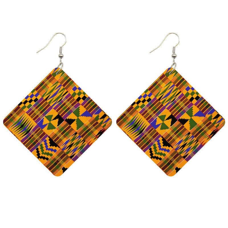 Orecchini con stampa africana | Orecchini in legno con stampa Kente di forma quadrata